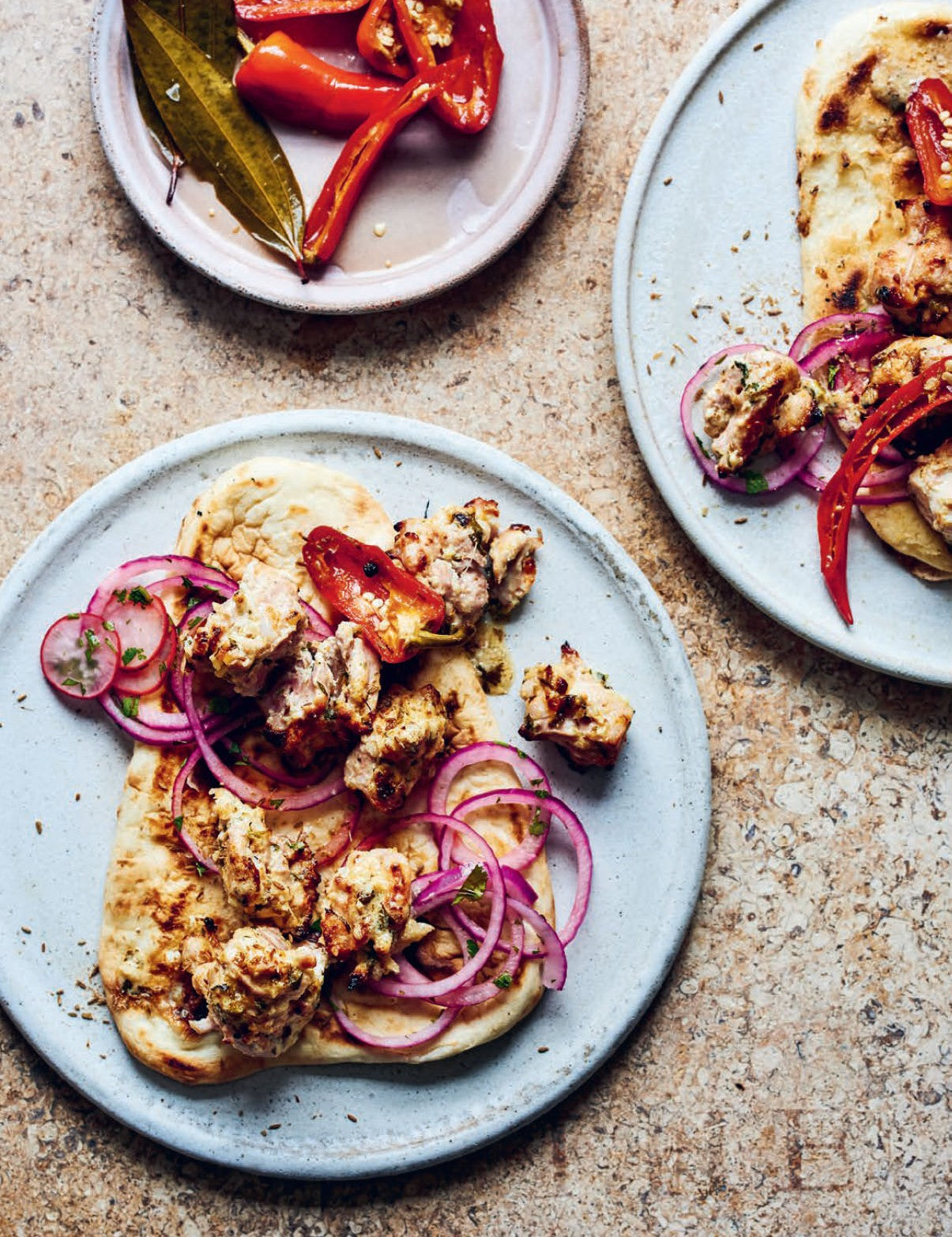 Tandoori Home Cooking by Maunika Gowardhan hardback cookbook — creamy chicken skewers with green chilli and coriander