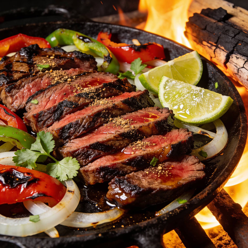 Charred Tex-Mex skirt steak fajitas with peppers, onions and lime on a cast-iron skillet — Tex Mex flavour on The Rub Hub lifestyle photo