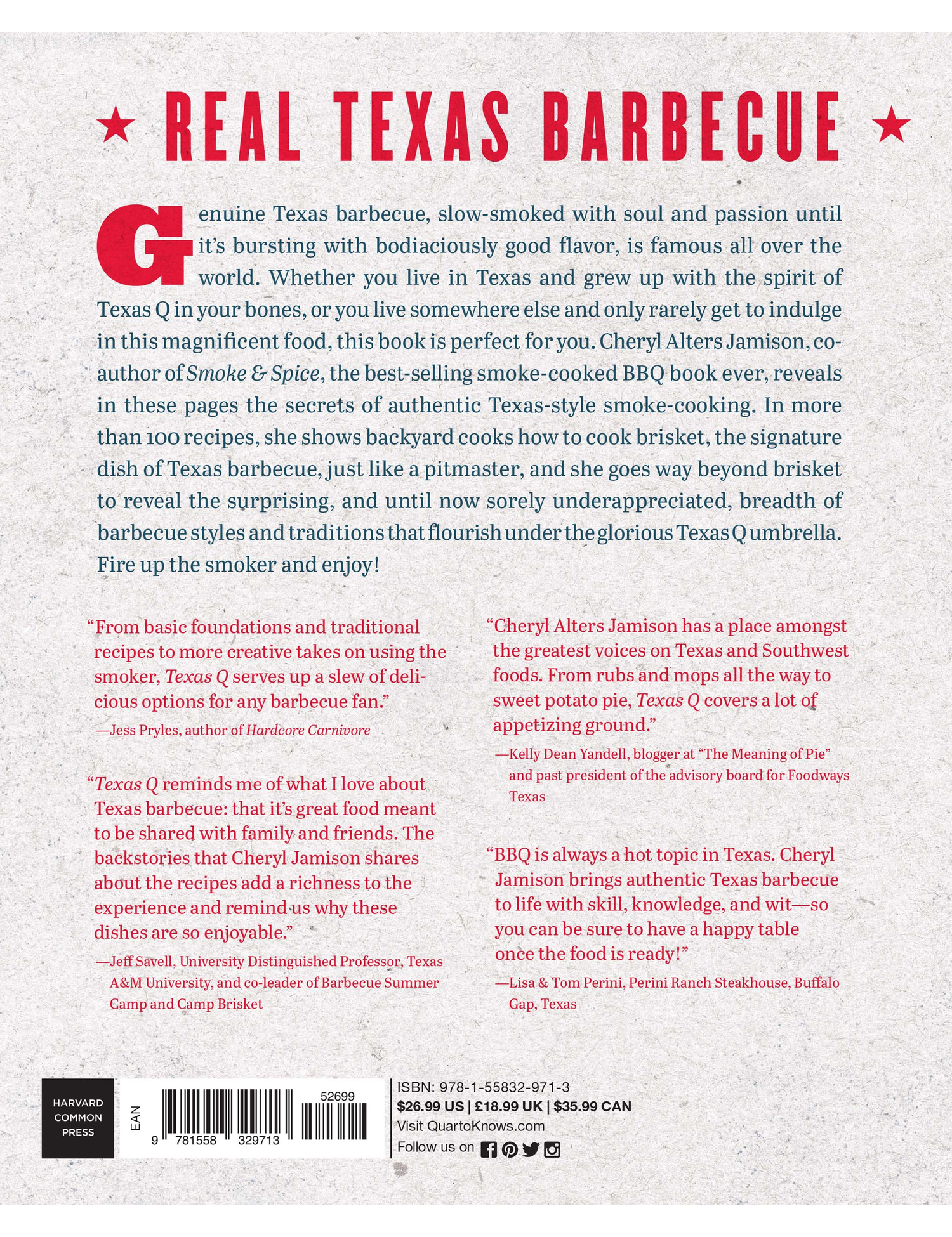 Texas Q by Cheryl Alters Jamison paperback cookbook — back cover