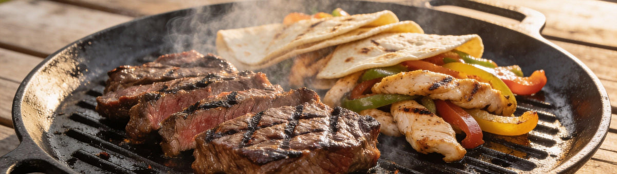 Hardcore Carnivore Tex Mex rub beside sizzling skirt steak and chicken fajitas on a hot cast-iron plate