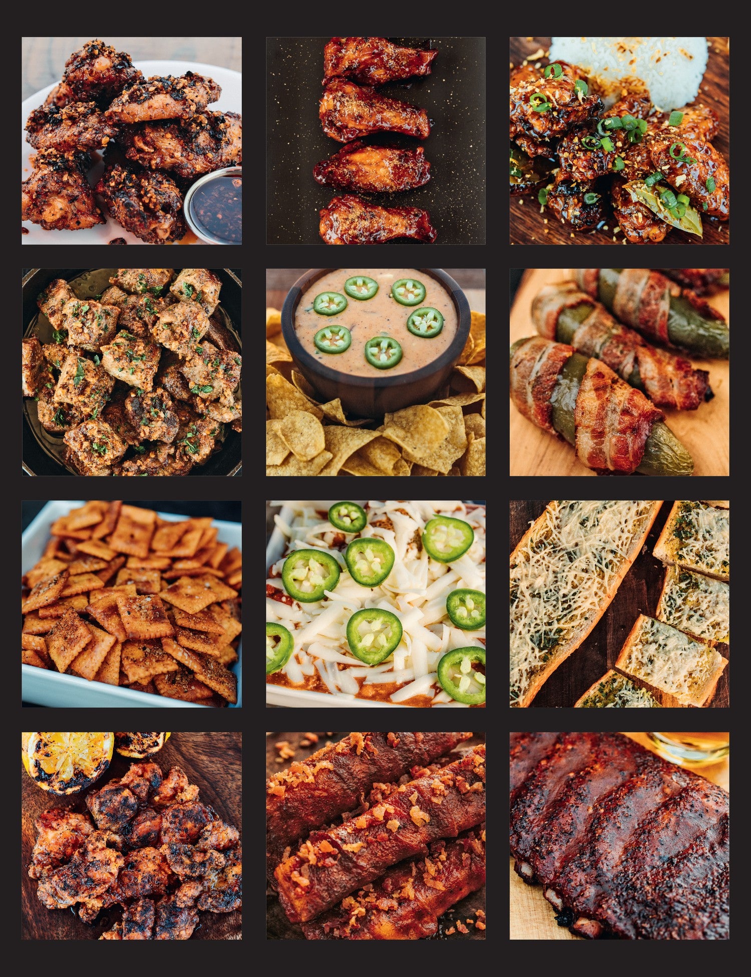 Backyard BBQ with Fire and Spice by Tony Ramirez hardback cookbook — contents page with wings, party food and smoked meats