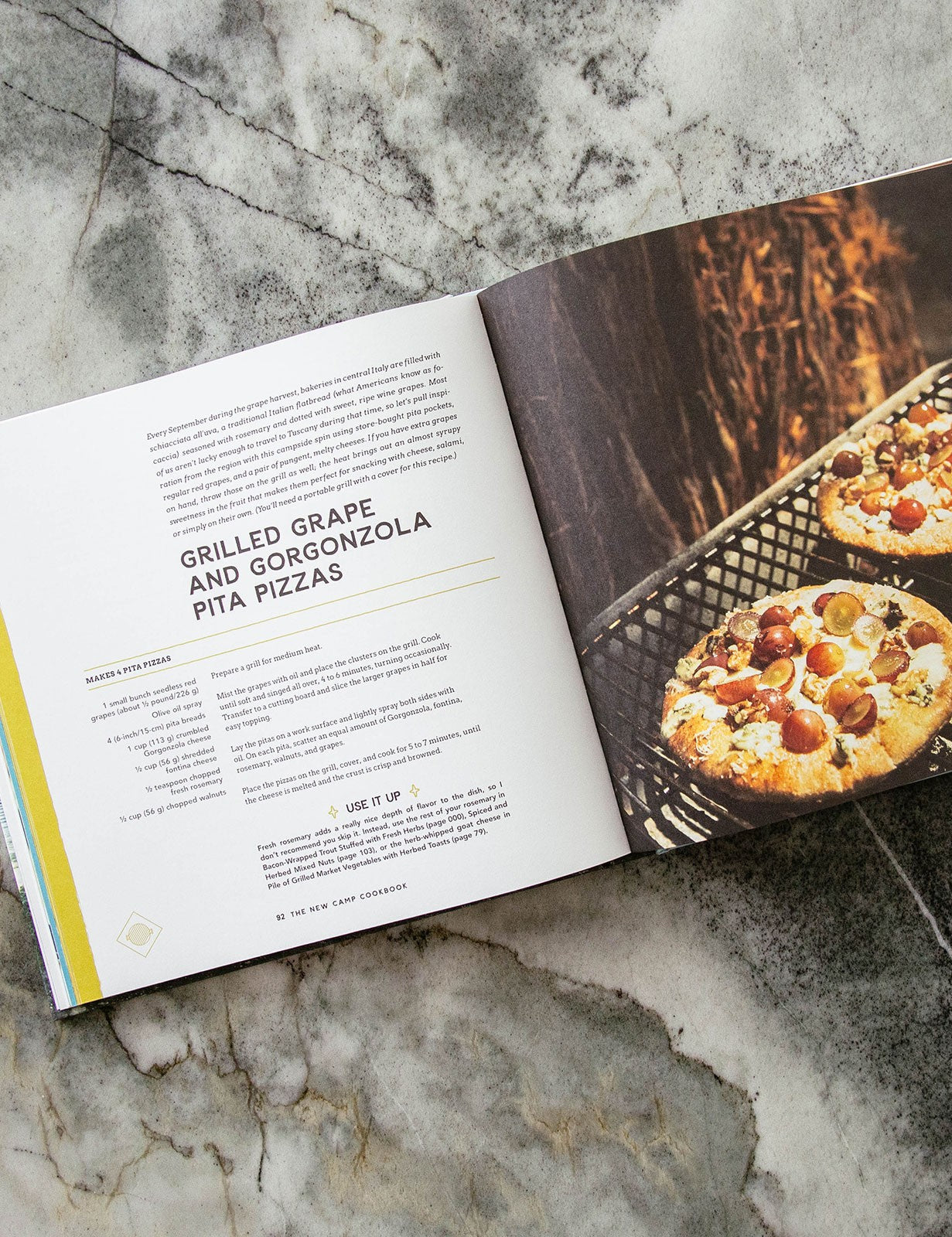 The New Camp Cookbook by Linda Ly hardback cookbook — open spread of grilled grape and gorgonzola pita pizzas