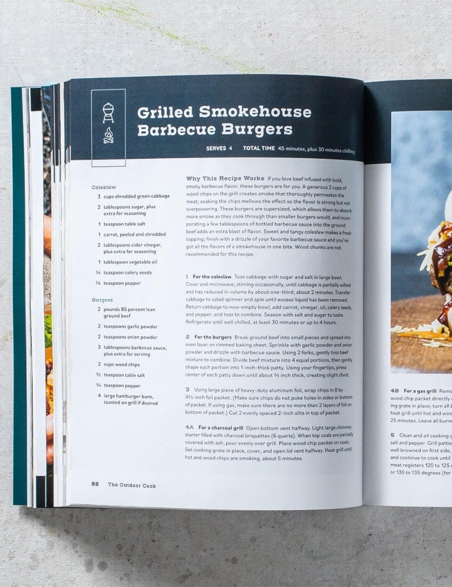 The Outdoor Cook by America's Test Kitchen paperback cookbook — Grilled Smokehouse Barbecue Burgers spread