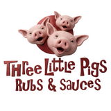 Three Little Pigs BBQ brand logo, three grinning pink pigs over a red disc, on transparent background