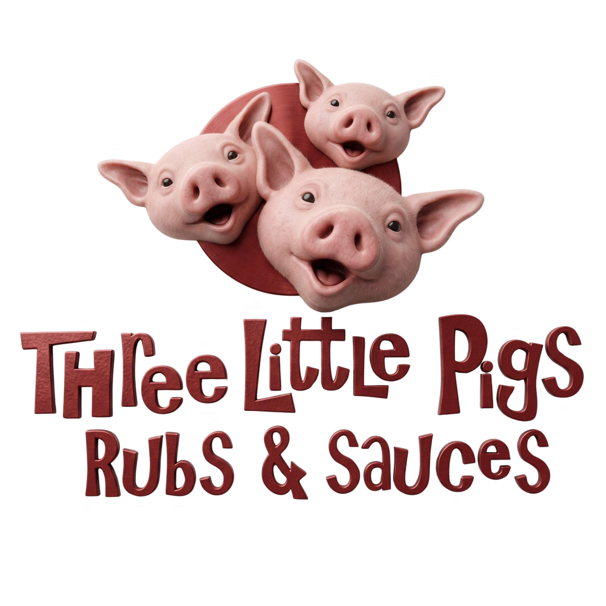 Three Little Pigs BBQ brand logo, three grinning pink pigs over a red disc, on transparent background