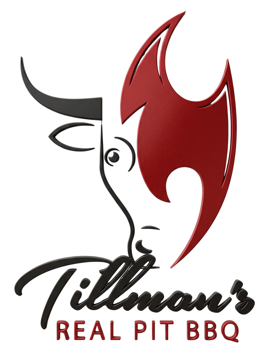 Tillman's Barbecue brand logo, bull's head with a red flame mane, Real Pit BBQ, on transparent background