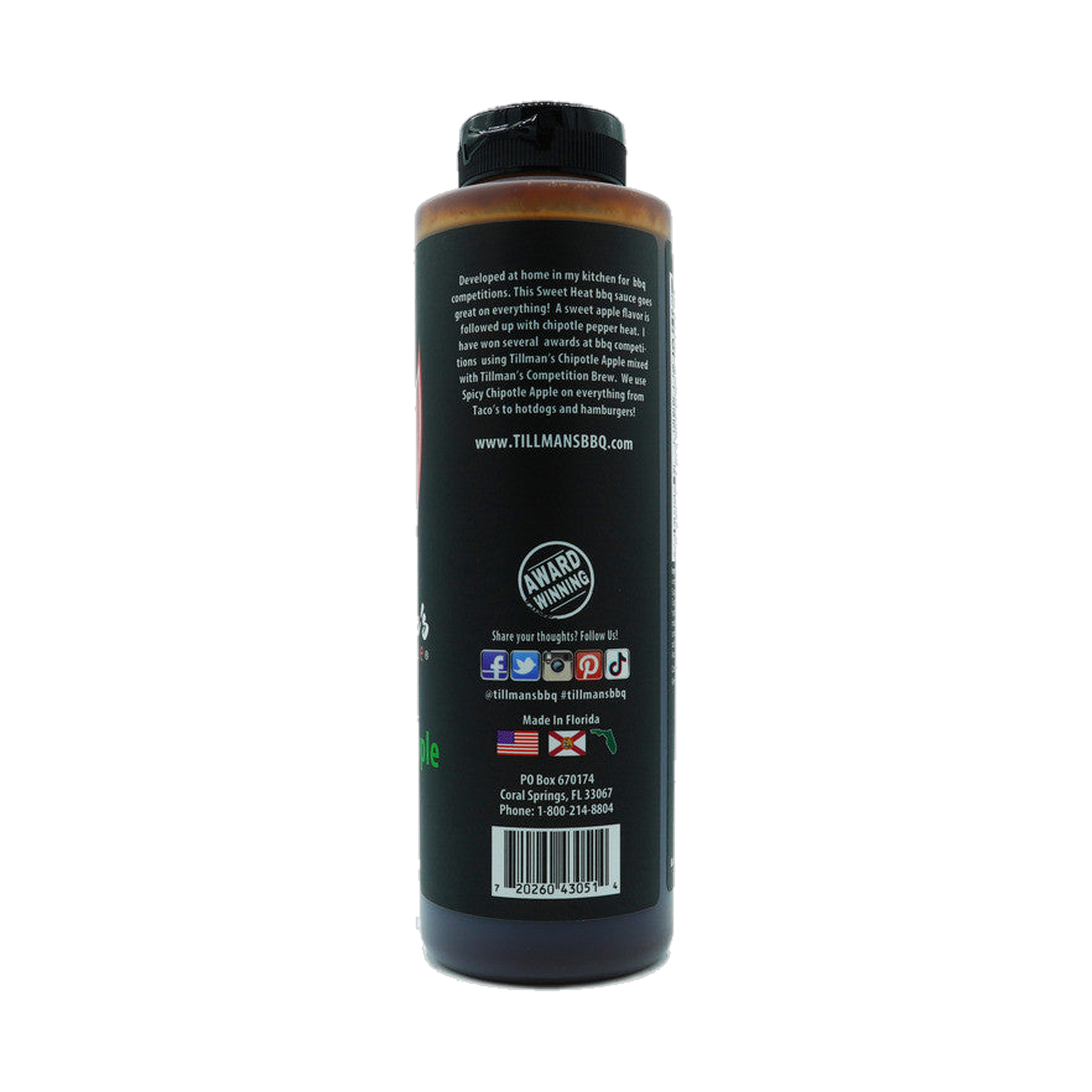 Tillman's Barbecue Chipotle Apple BBQ sauce 595g, side label detail, transparent background