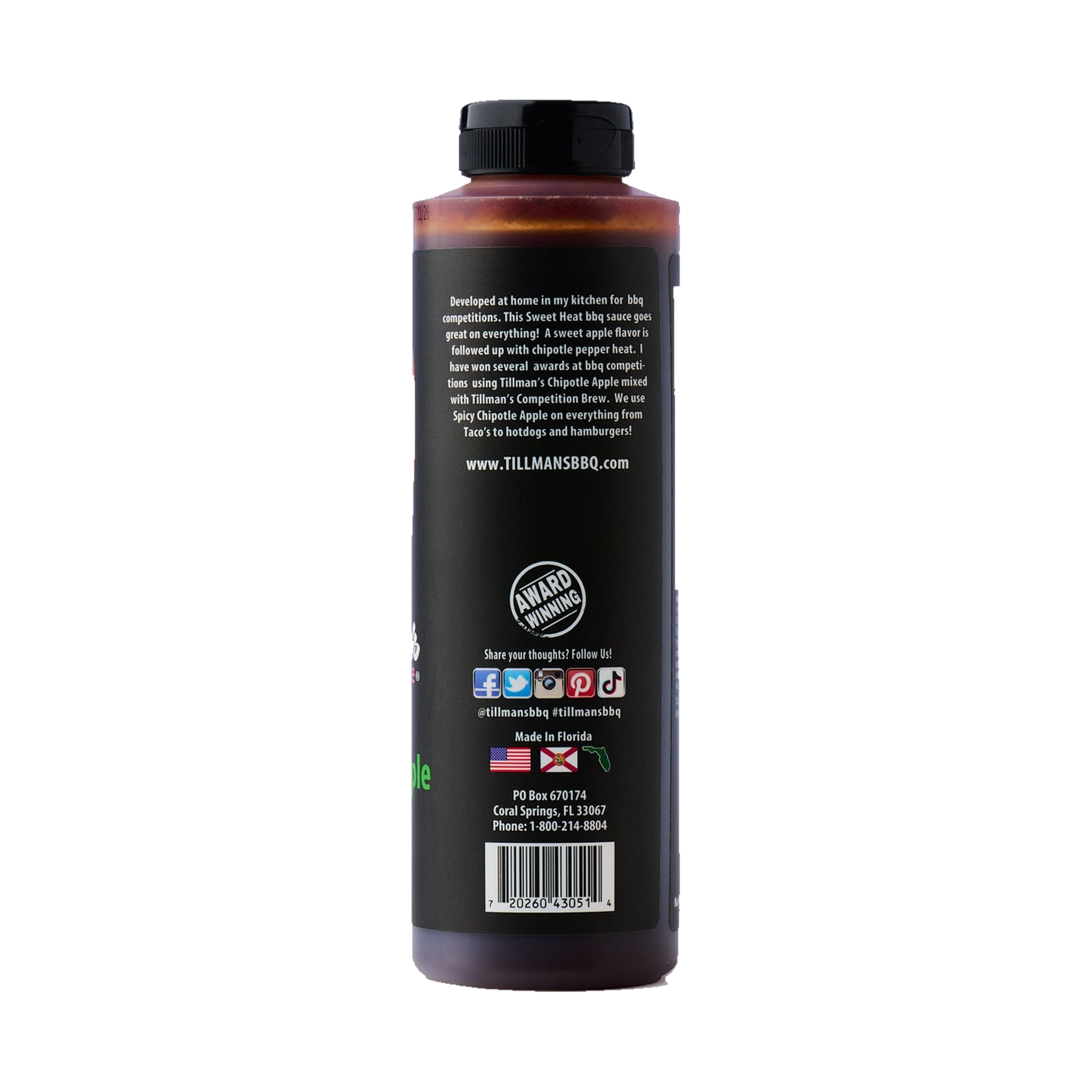 Tillman's Barbecue Chipotle Apple BBQ sauce 595g, side label detail, transparent background