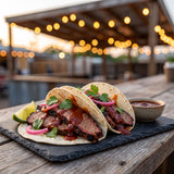 Tillman's Barbecue Chipotle Apple BBQ sauce — brisket tacos drizzled with smoky sweet sauce at dusk
