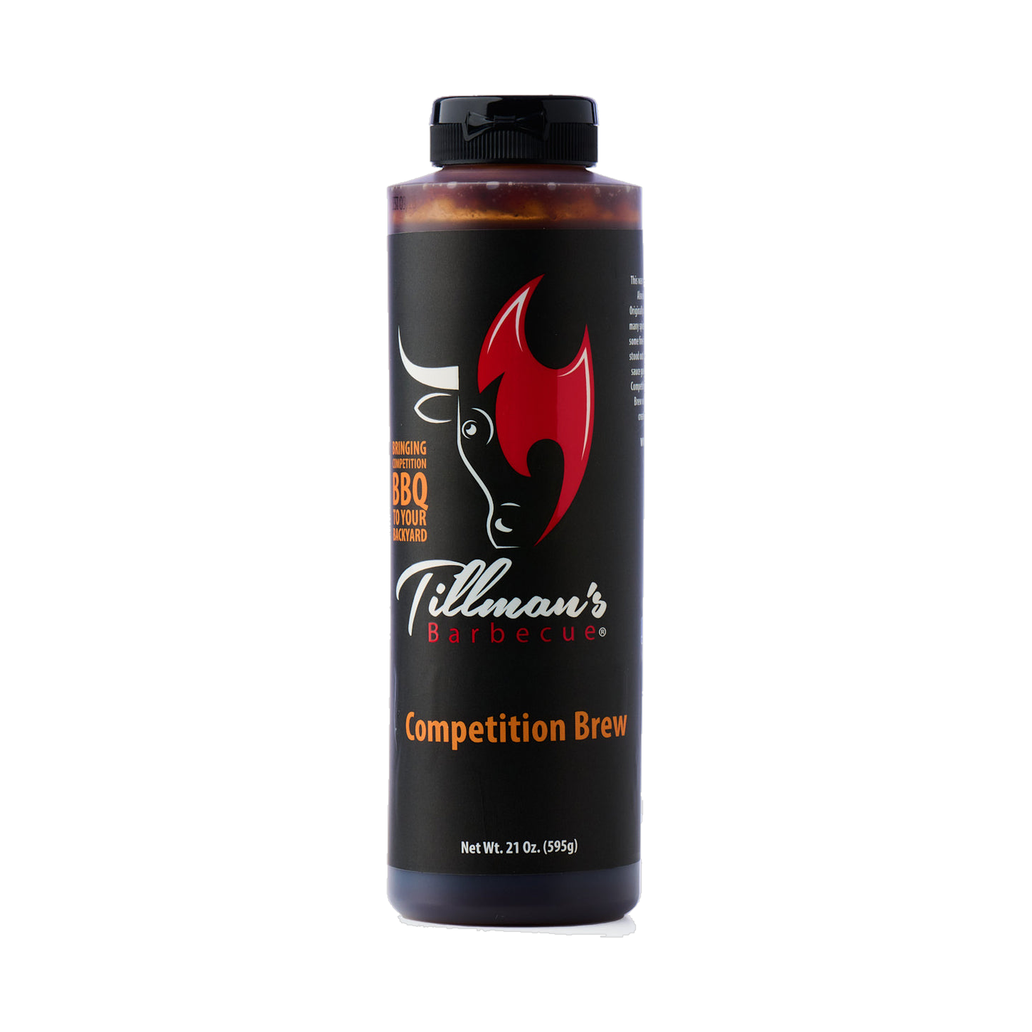 Tillman's Barbecue Competition Brew BBQ sauce 595g, front of bottle on transparent background