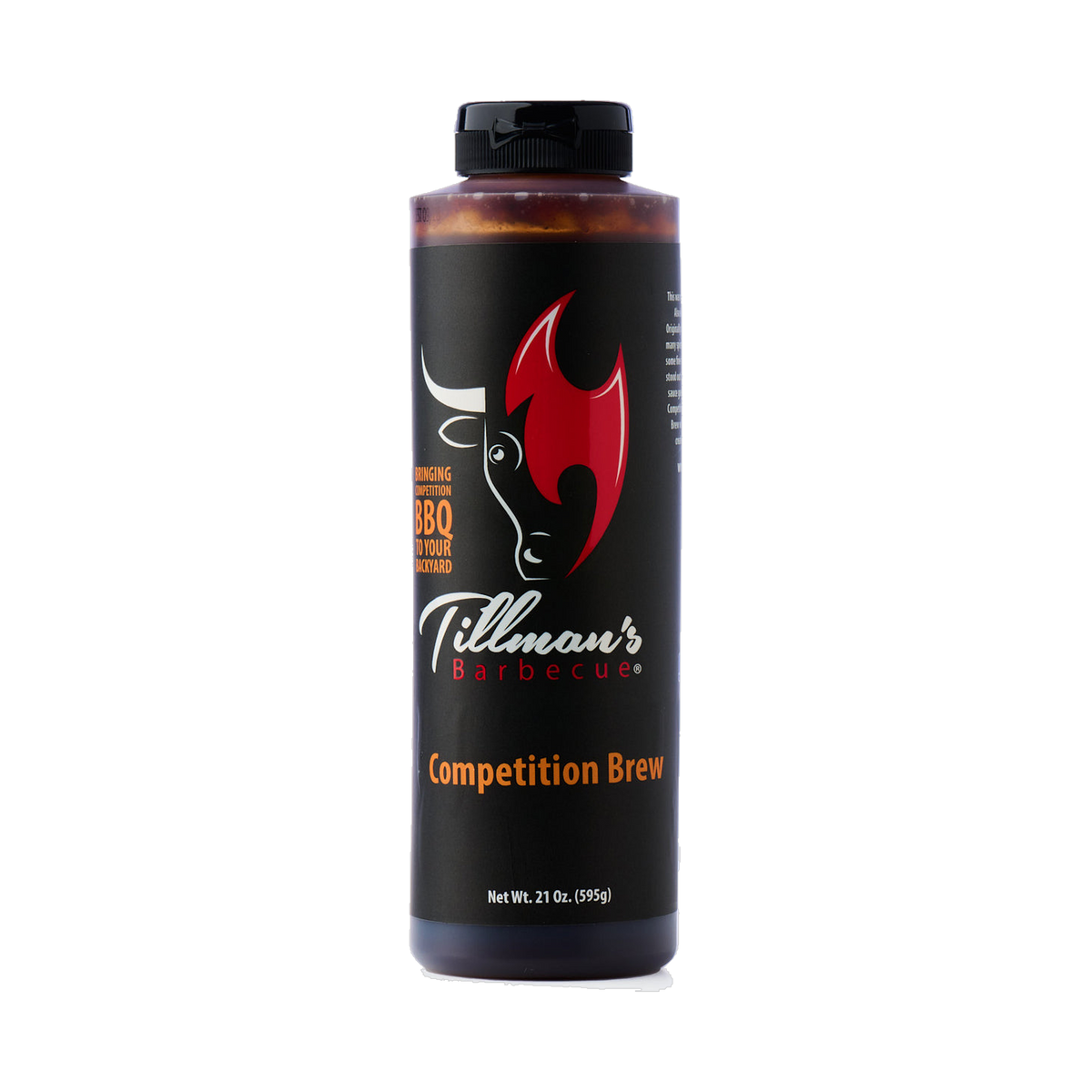 Tillman's Barbecue Competition Brew BBQ sauce 595g, front of bottle on transparent background