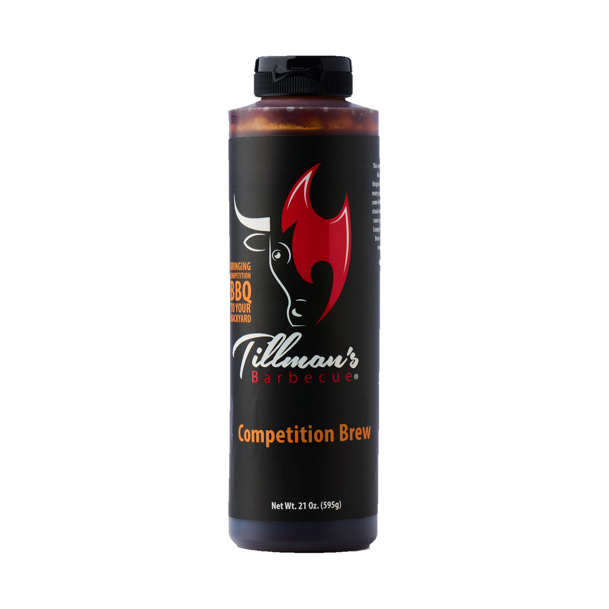 Tillman's Barbecue Competition Brew BBQ sauce 595g, front of bottle on transparent background