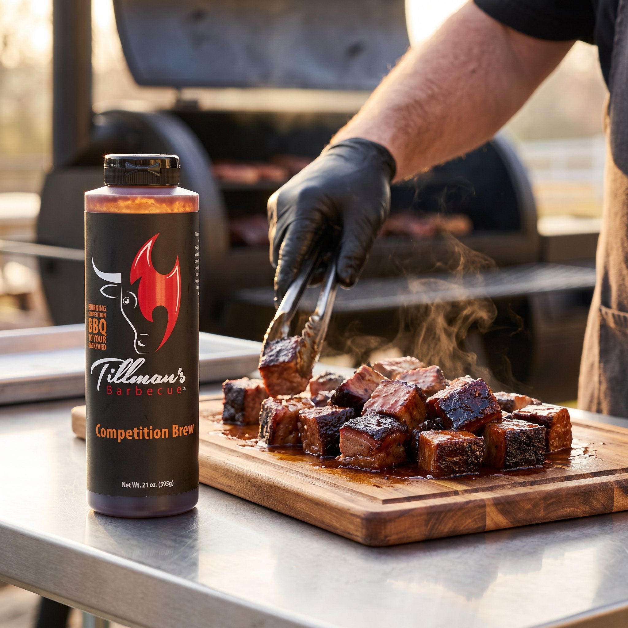 Tillman's Barbecue Competition Brew BBQ sauce — glazed burnt ends on a cutting board beside an offset smoker
