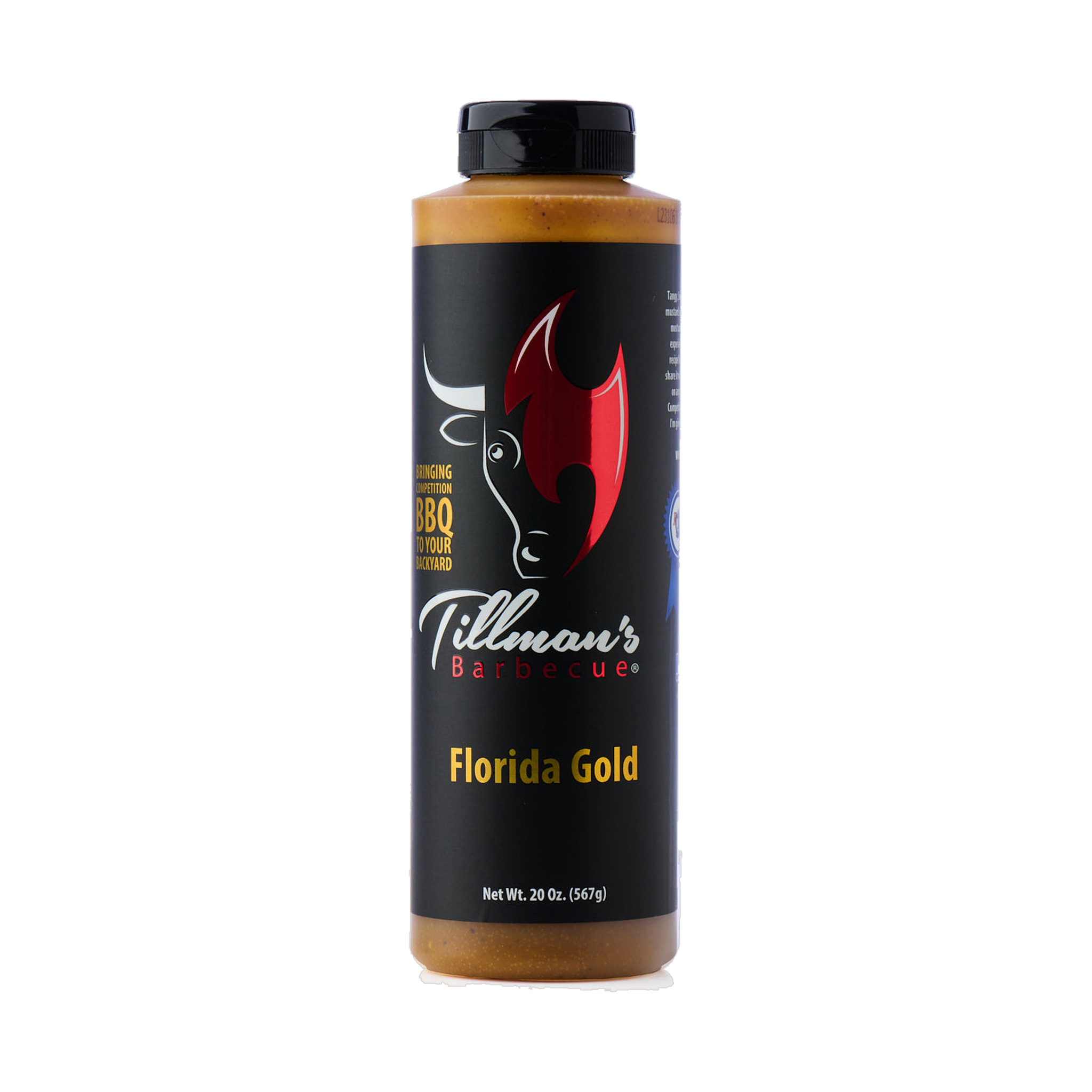 Tillman's Barbecue Florida Gold mustard BBQ sauce 567g, front of bottle on transparent background