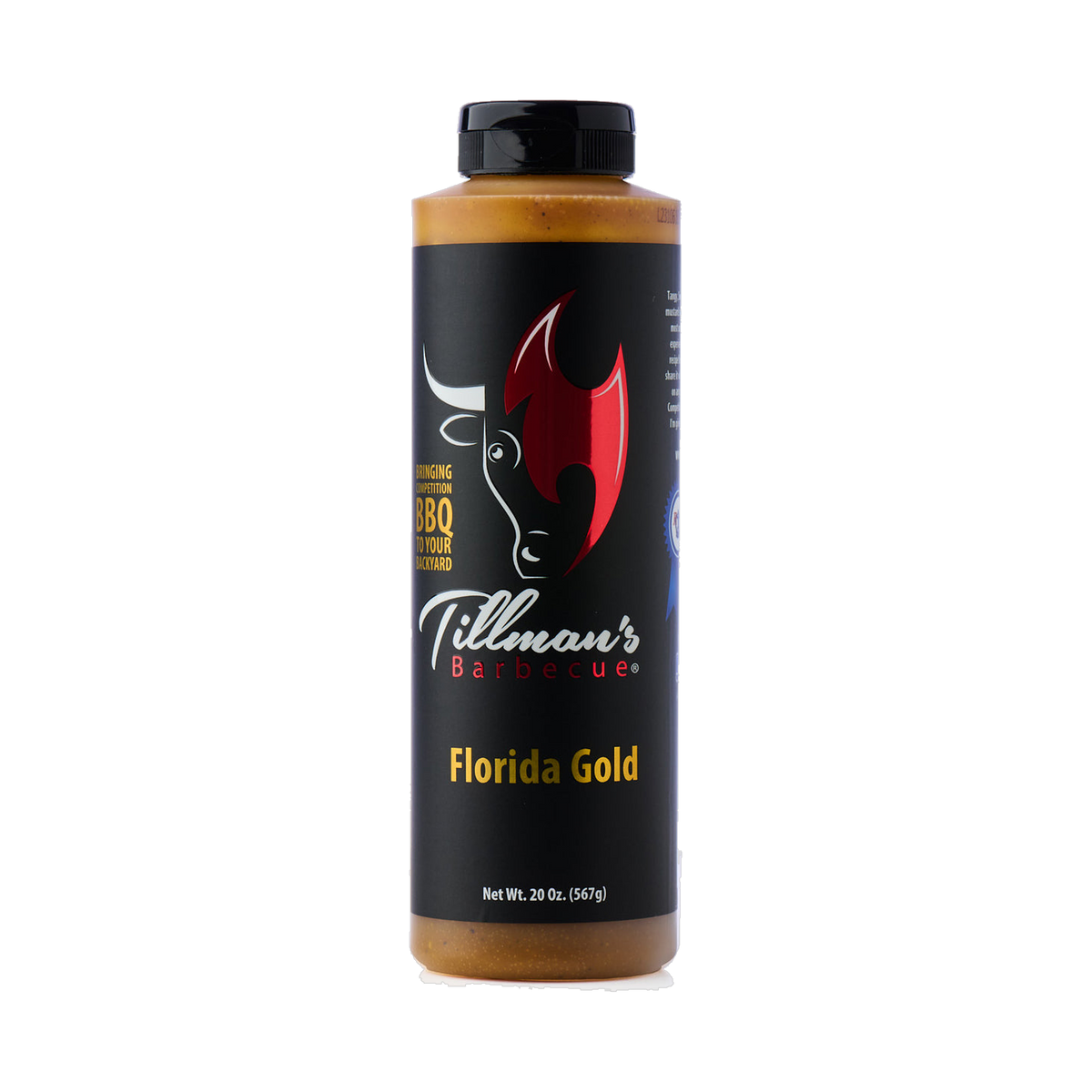 Tillman's Barbecue Florida Gold mustard BBQ sauce 567g, front of bottle on transparent background