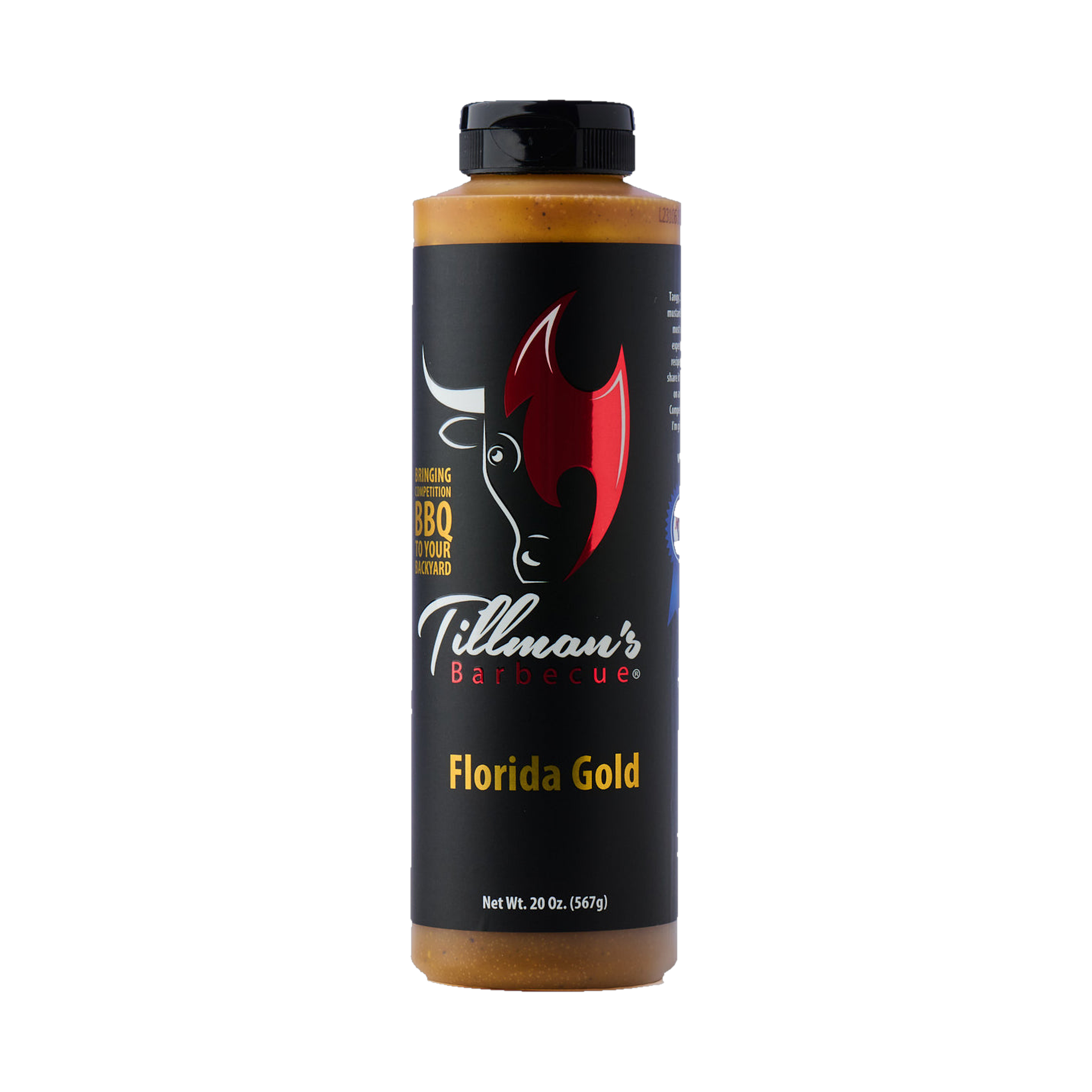 Tillman's Barbecue Florida Gold mustard BBQ sauce 567g, front of bottle on transparent background