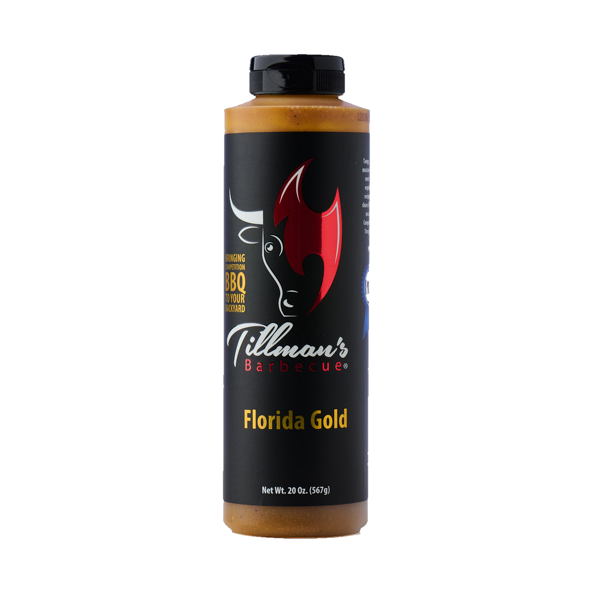 Tillman's Barbecue Florida Gold mustard BBQ sauce 567g, front of bottle on transparent background