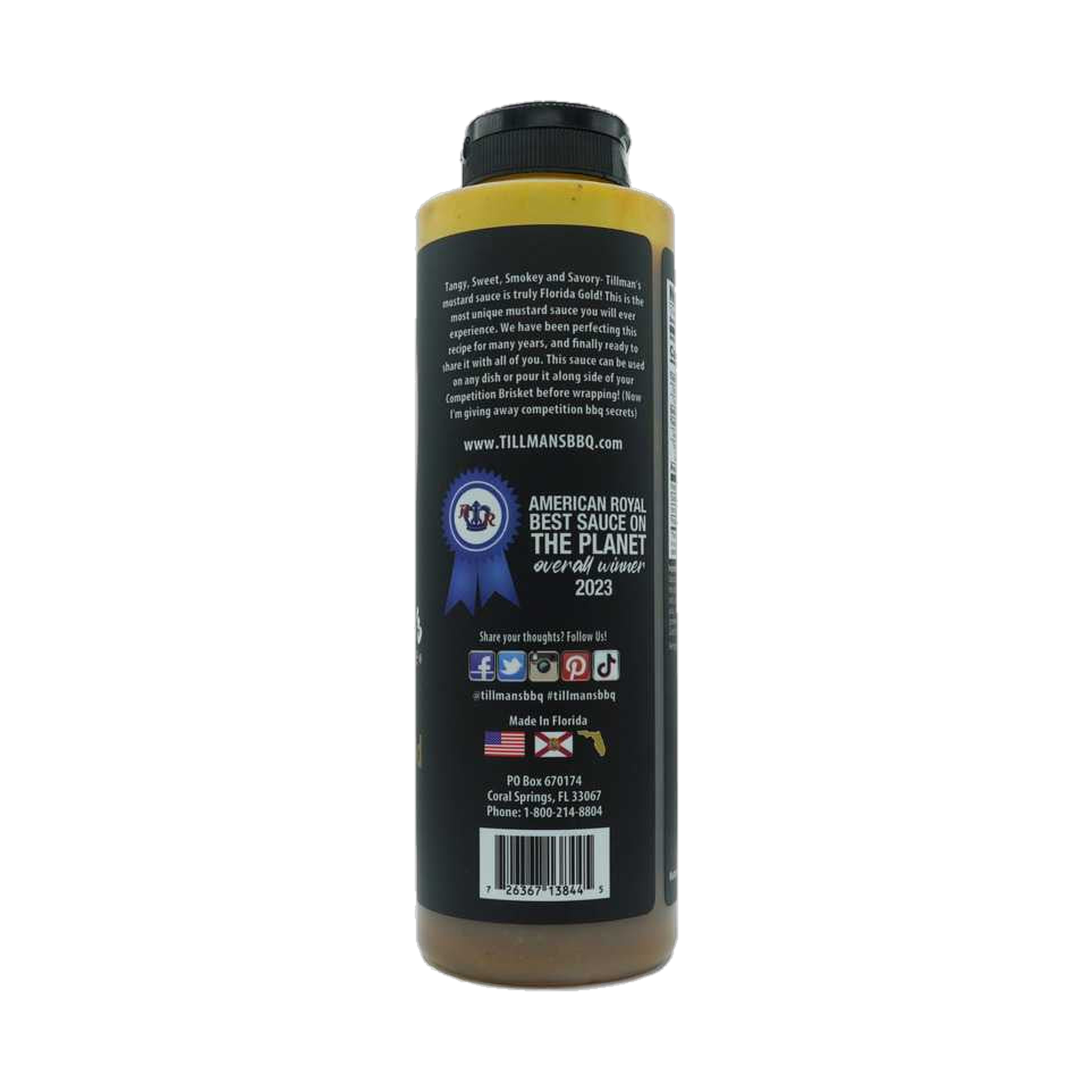 Tillman's Barbecue Florida Gold mustard BBQ sauce 567g, side label detail, transparent background
