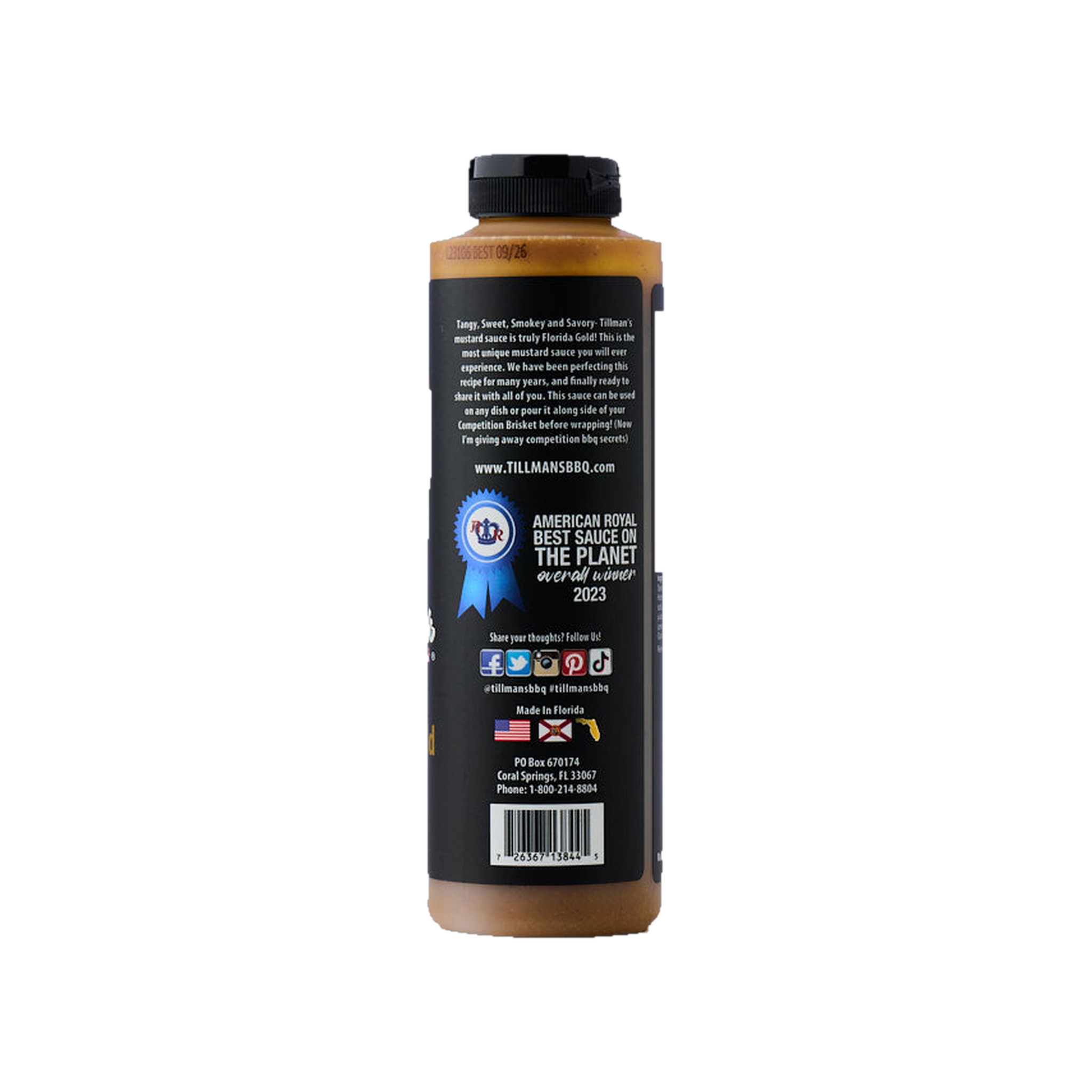 Tillman's Barbecue Florida Gold mustard BBQ sauce 567g, side label detail, transparent background