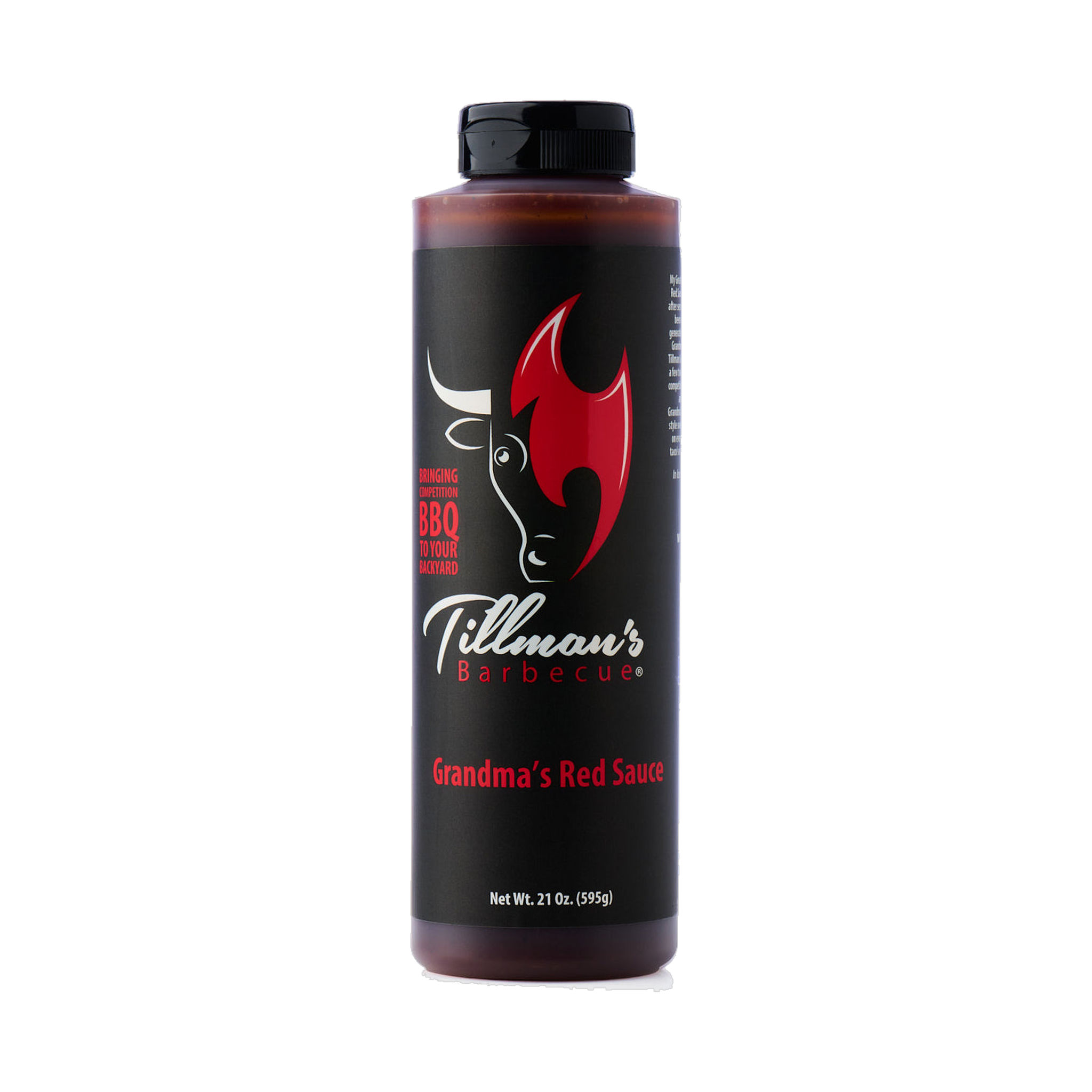 Tillman's Barbecue Grandma's Red BBQ sauce 595g, front of bottle on transparent background