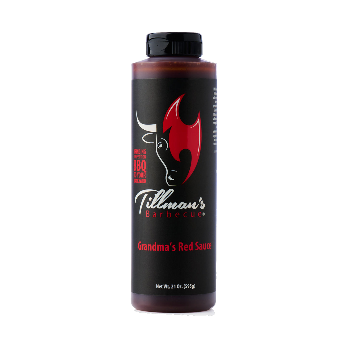 Tillman's Barbecue Grandma's Red BBQ sauce 595g, front of bottle on transparent background