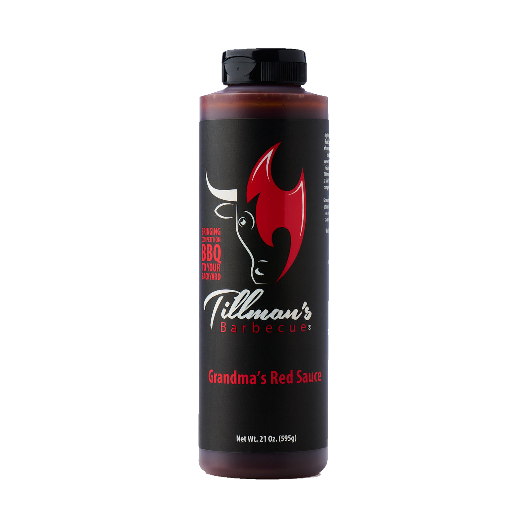 Tillman's Barbecue Grandma's Red BBQ sauce 595g, front of bottle on transparent background