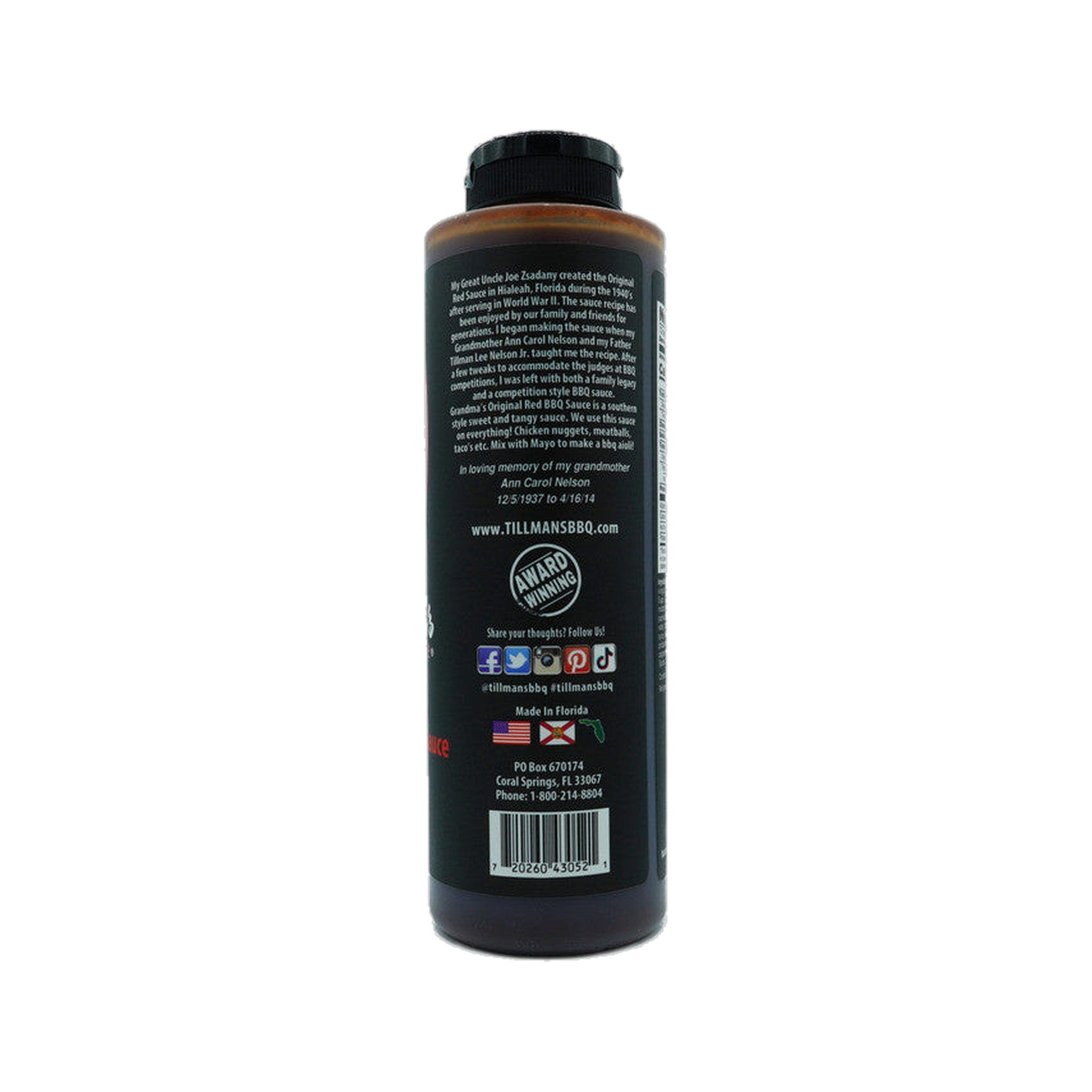 Tillman's Barbecue Grandma's Red BBQ sauce 595g, side label detail, transparent background