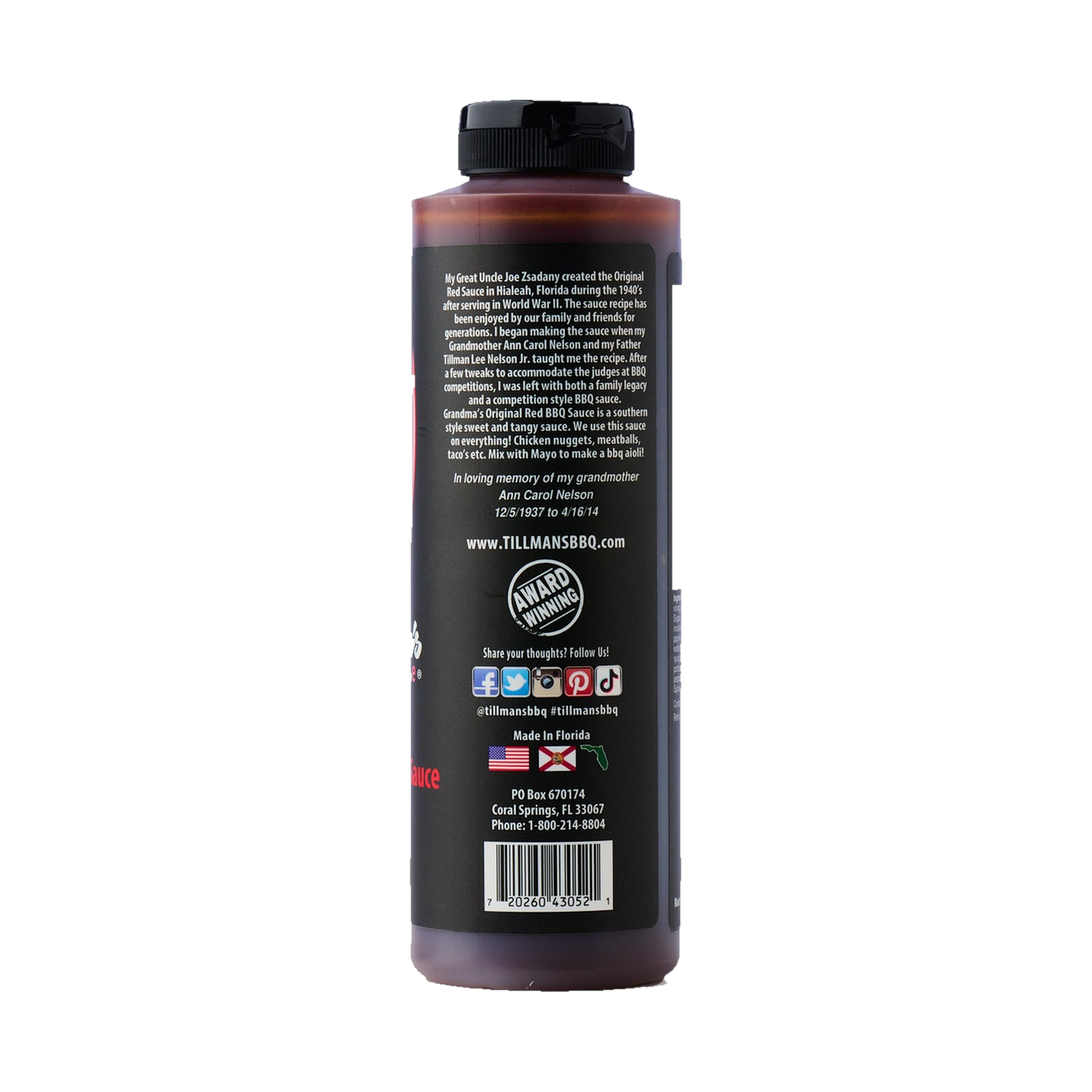 Tillman's Barbecue Grandma's Red BBQ sauce 595g, side label detail, transparent background