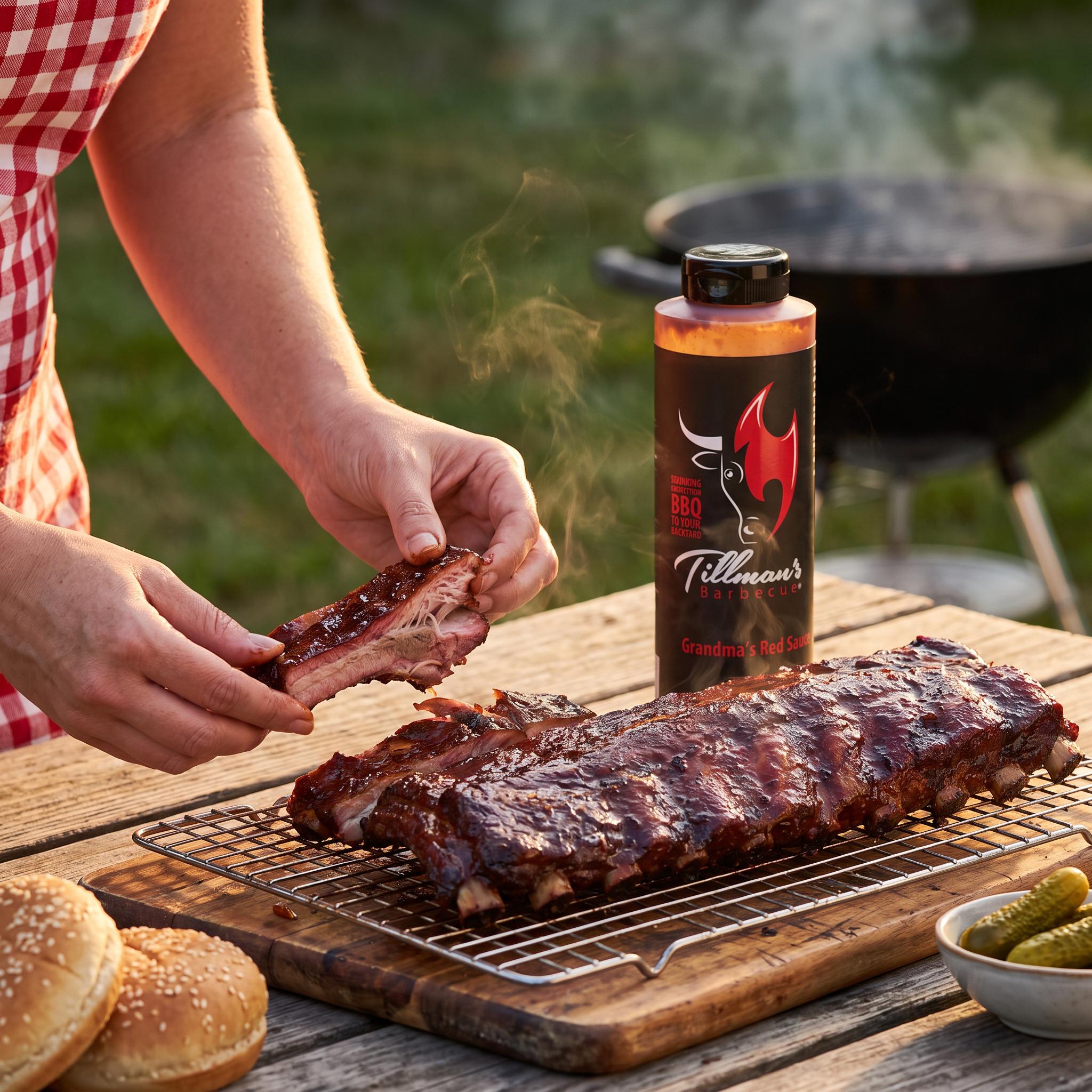Tillman's Barbecue Grandma's Red BBQ sauce — glazed pork ribs pulled apart on a backyard picnic table at golden hour