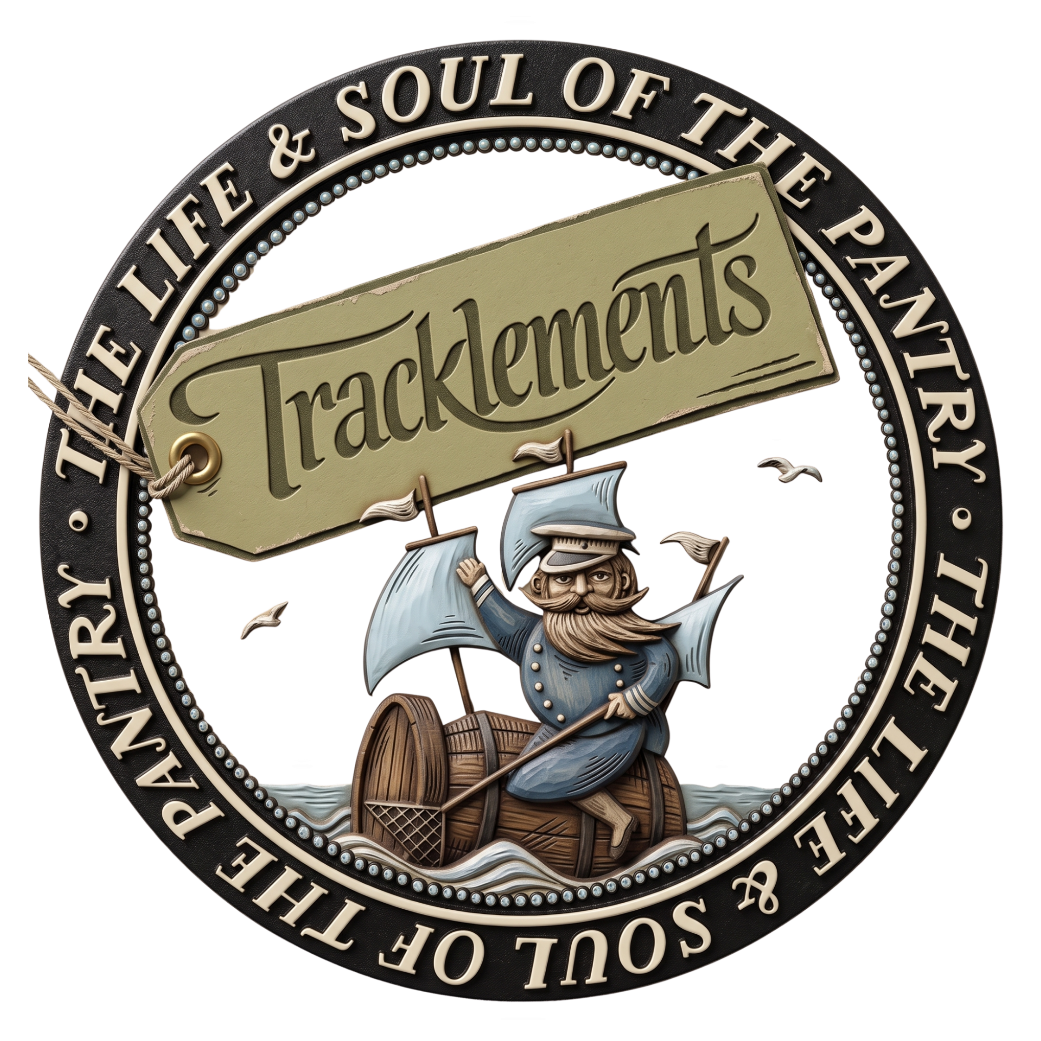 Tracklements brand logo, navy circular badge of a sailor on a barrel raft with a hangtag, on transparent background.