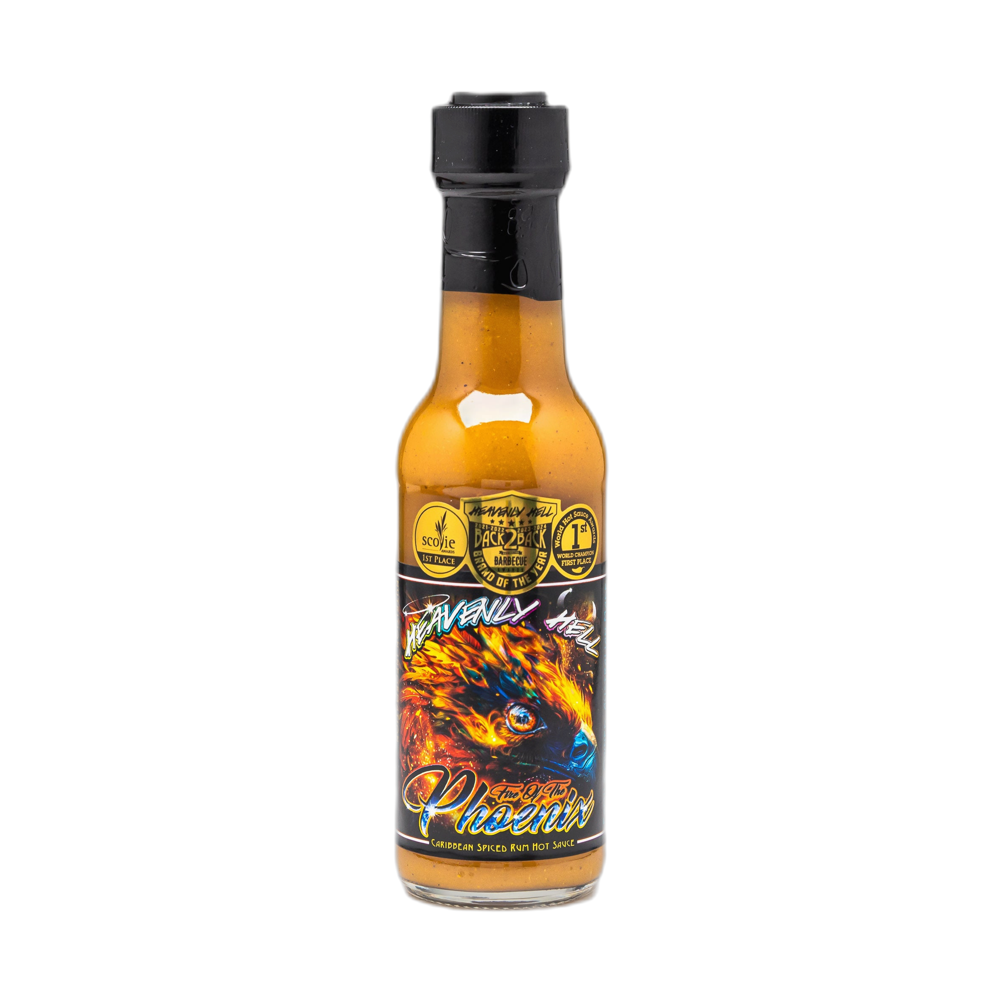Heavenly Hell Fire Of The Phoenix Caribbean Spiced Rum Hot Sauce 150ml bottle
