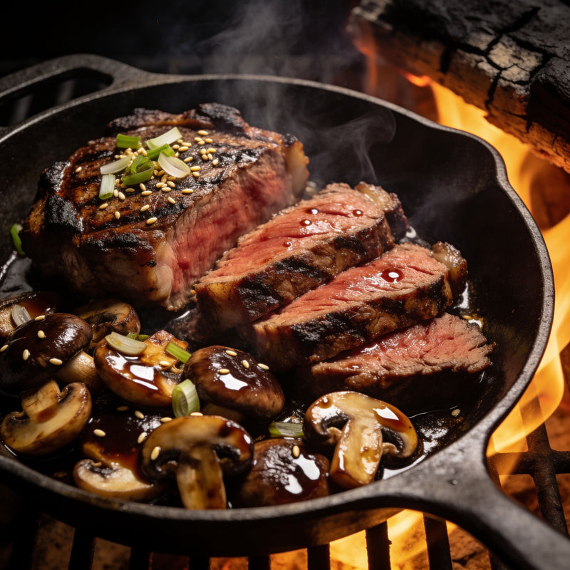 Umami-style seared steak and glazed mushrooms in a cast iron skillet lifestyle photo
