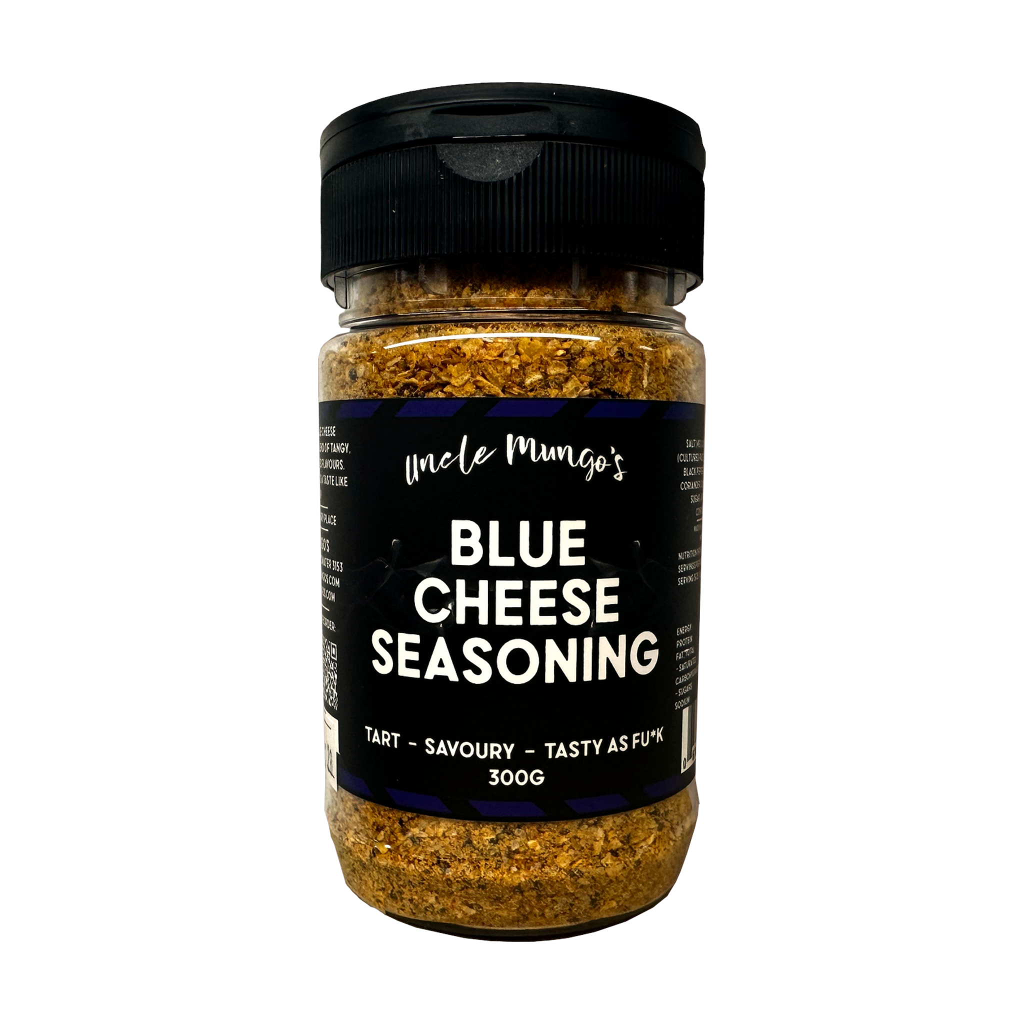 Uncle Mungo's Blue Cheese Seasoning 300g blue cheese seasoning — front of shaker on transparent background