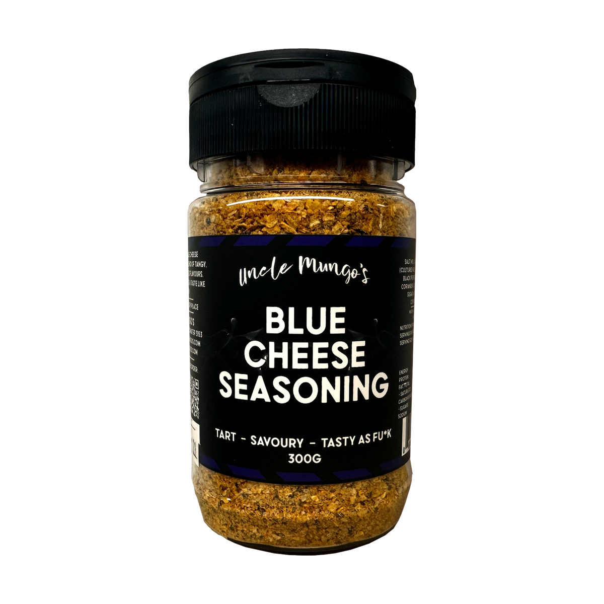 Uncle Mungo's Blue Cheese Seasoning 300g blue cheese seasoning — front of shaker on transparent background