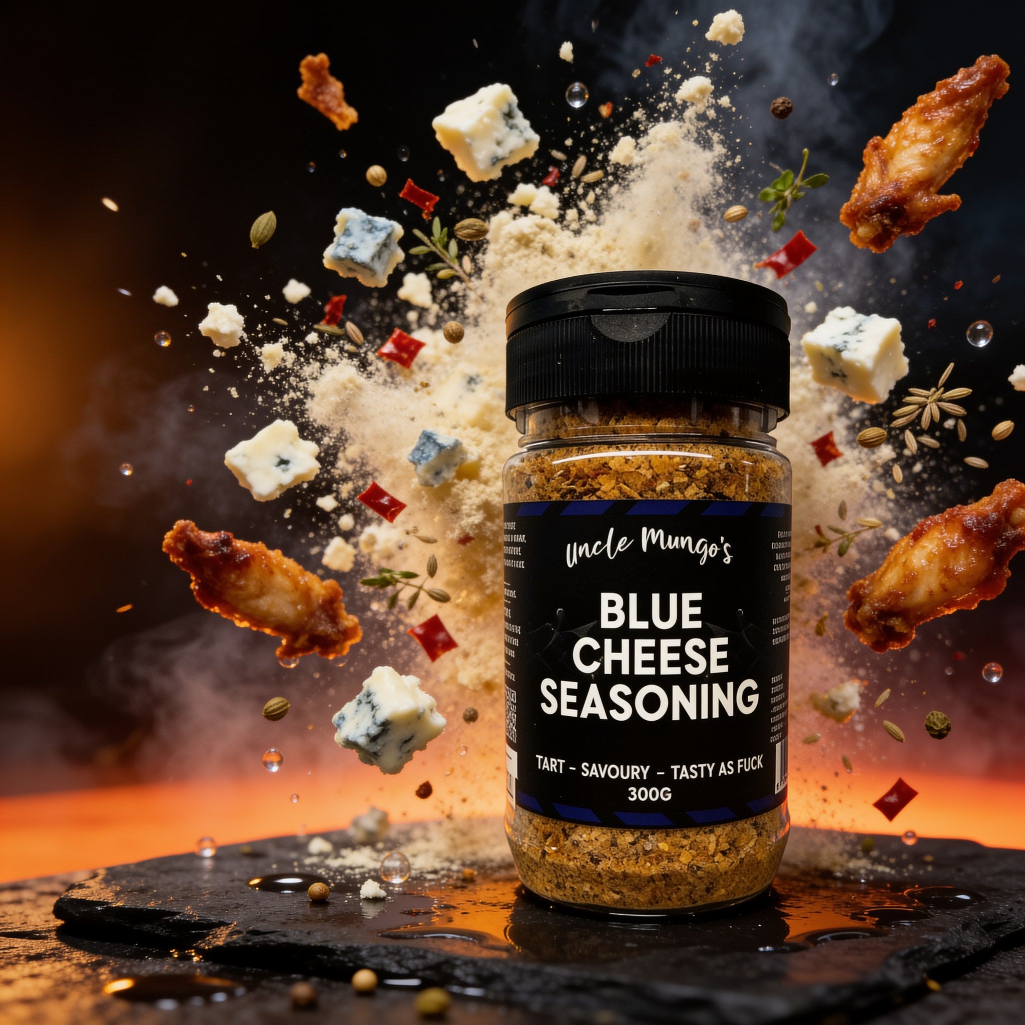 Uncle Mungo's Blue Cheese Seasoning 300g blue cheese seasoning — exploded high-speed shot with blue cheese, chilli flakes and cumin