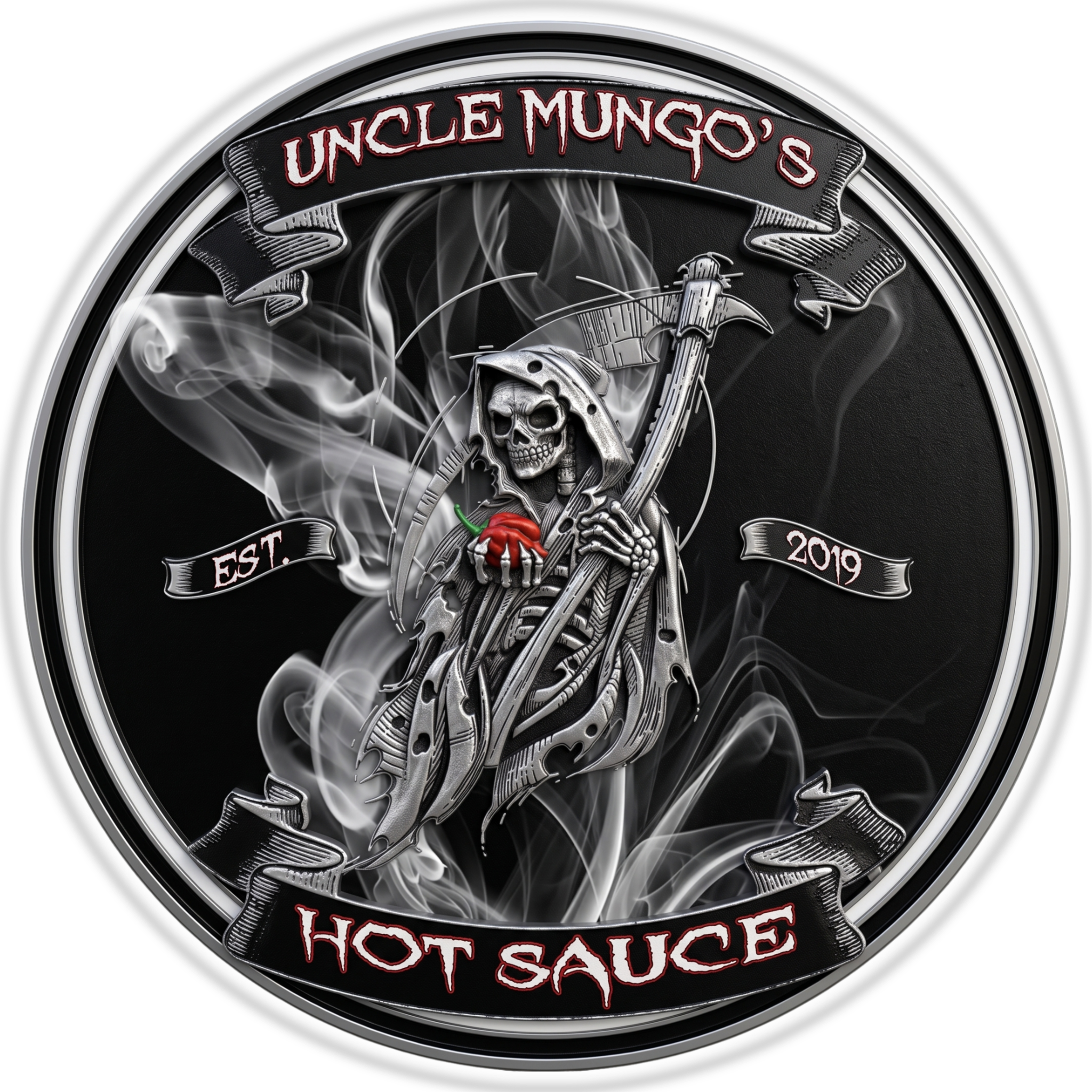 Uncle Mungo's barbecue brand logo, grim reaper on a circular Hot Sauce badge marked Est 2019, silver and black on transparent background