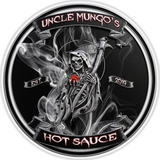 Uncle Mungo's barbecue brand logo, grim reaper on a circular Hot Sauce badge marked Est 2019, silver and black on transparent background