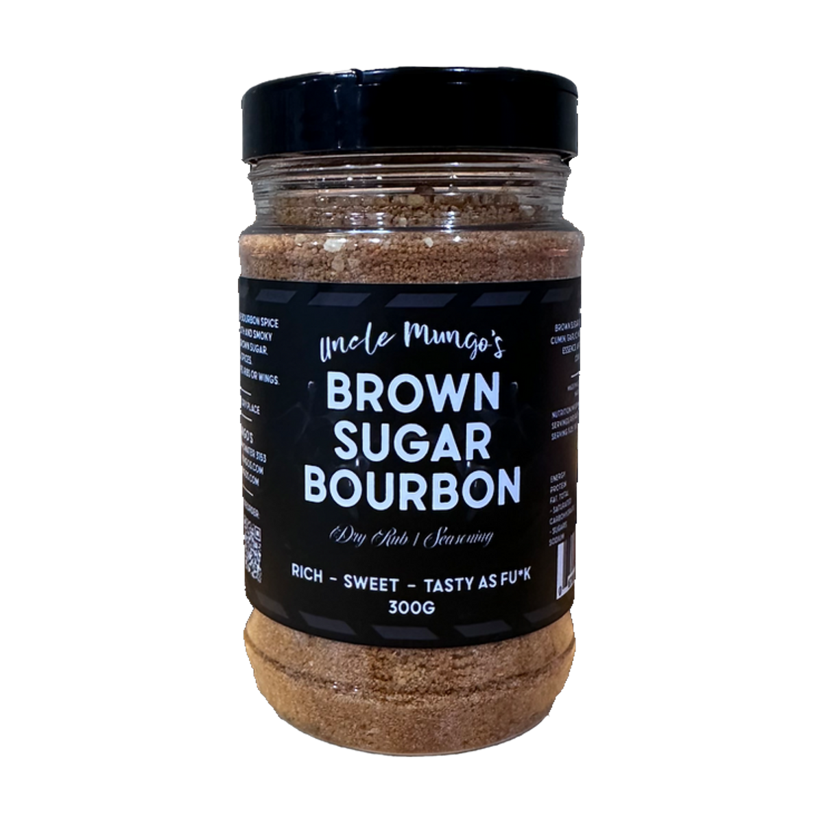 Uncle Mungo's Brown Sugar Bourbon 300g brown sugar bourbon dry rub — front of shaker on transparent background