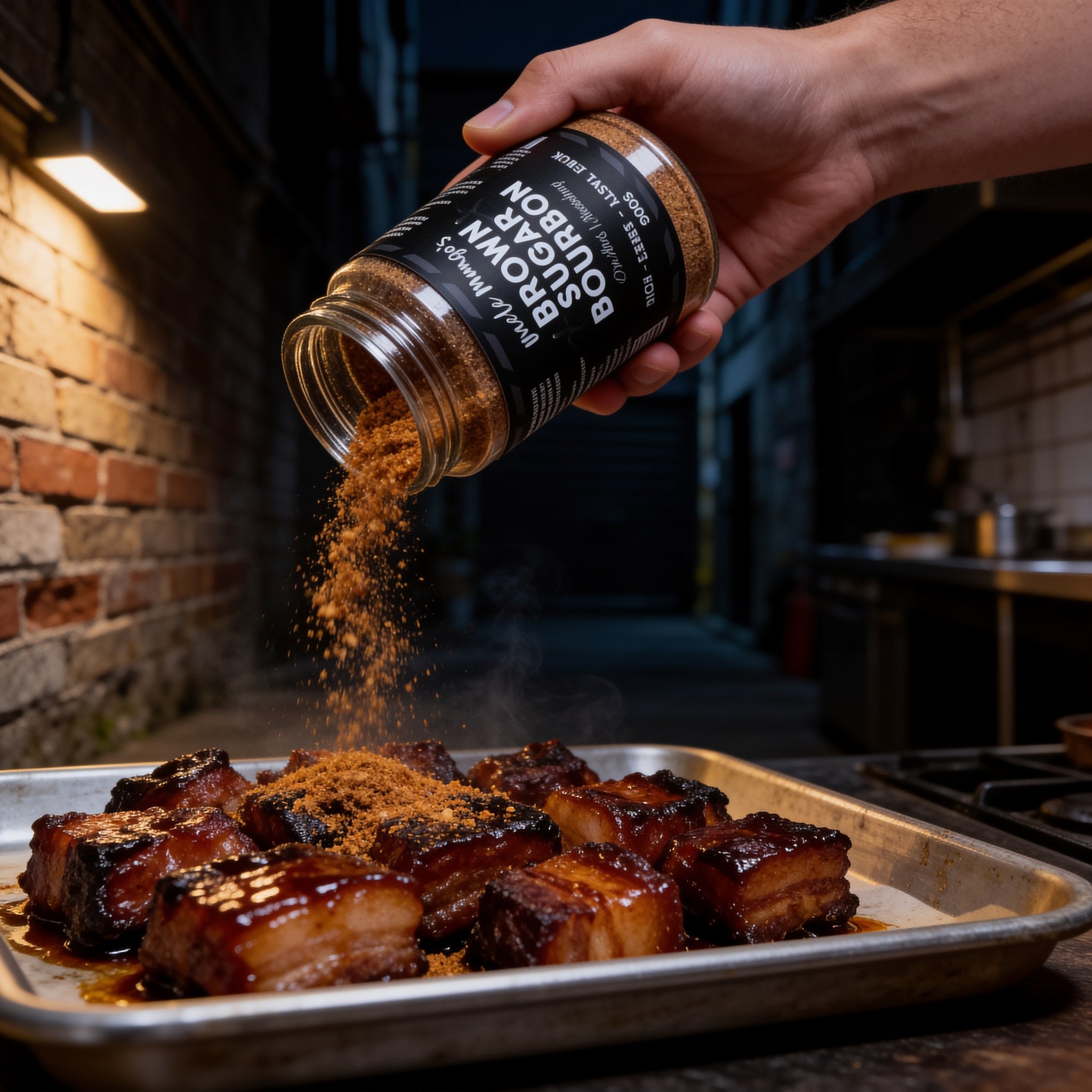 Uncle Mungo's Brown Sugar Bourbon 300g brown sugar bourbon dry rub — shaking brown sugar bourbon rub over pork belly burnt ends