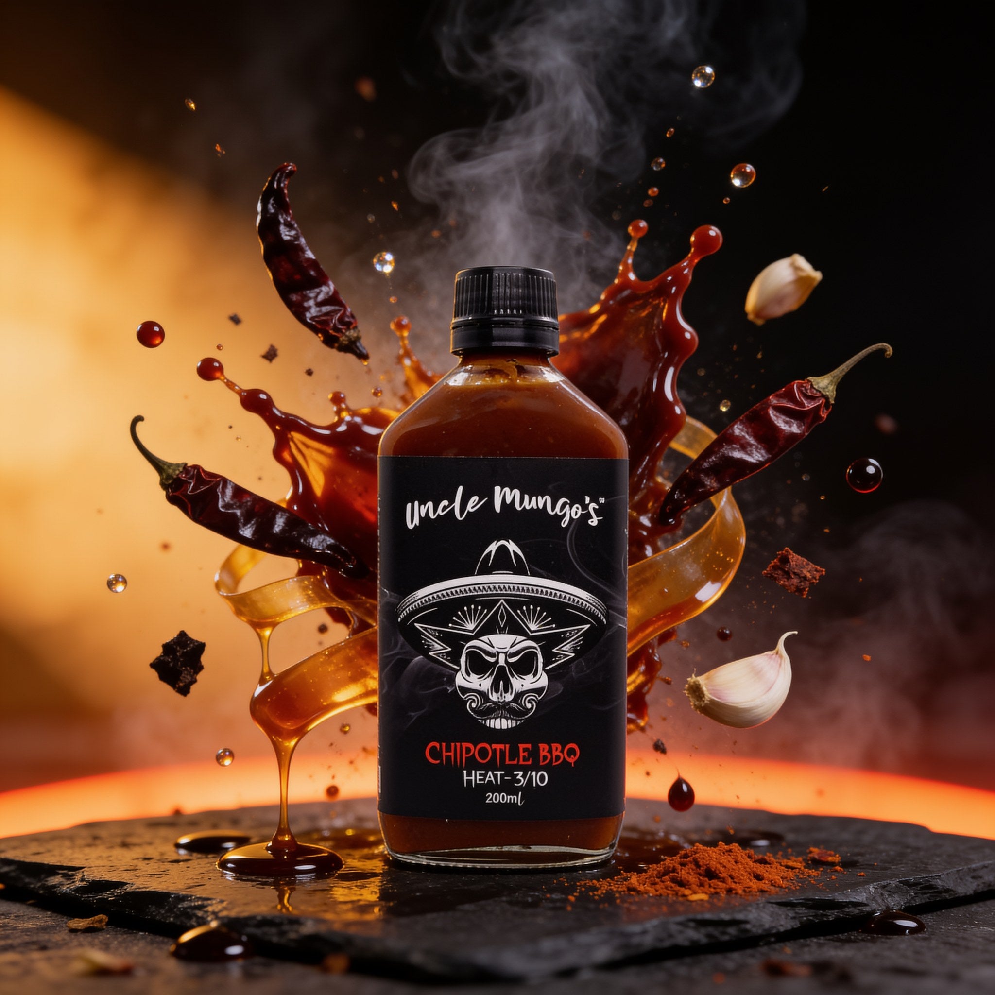 Uncle Mungo's Chipotle BBQ 200ml BBQ sauce — exploded high-speed shot with chipotle chillies, maple and molasses