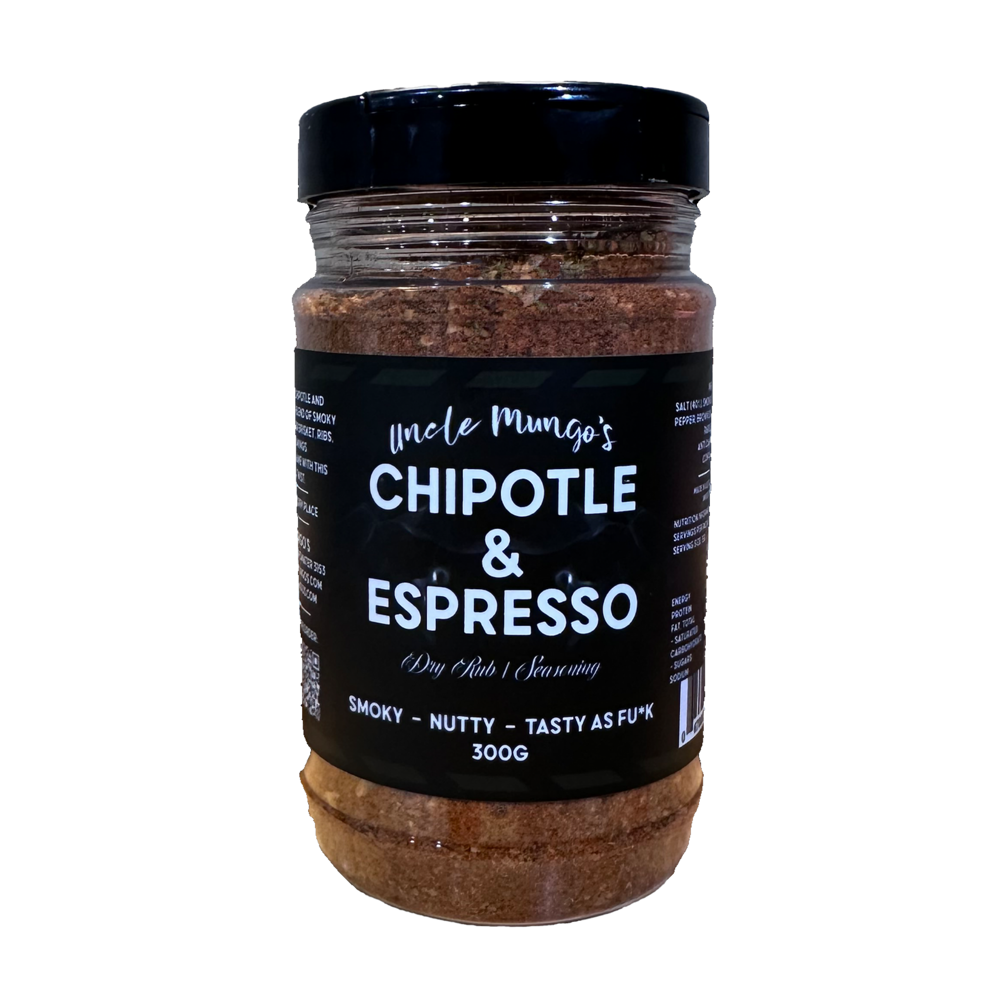 Uncle Mungo's Chipotle & Espresso 300g chipotle espresso dry rub — front of shaker on transparent background