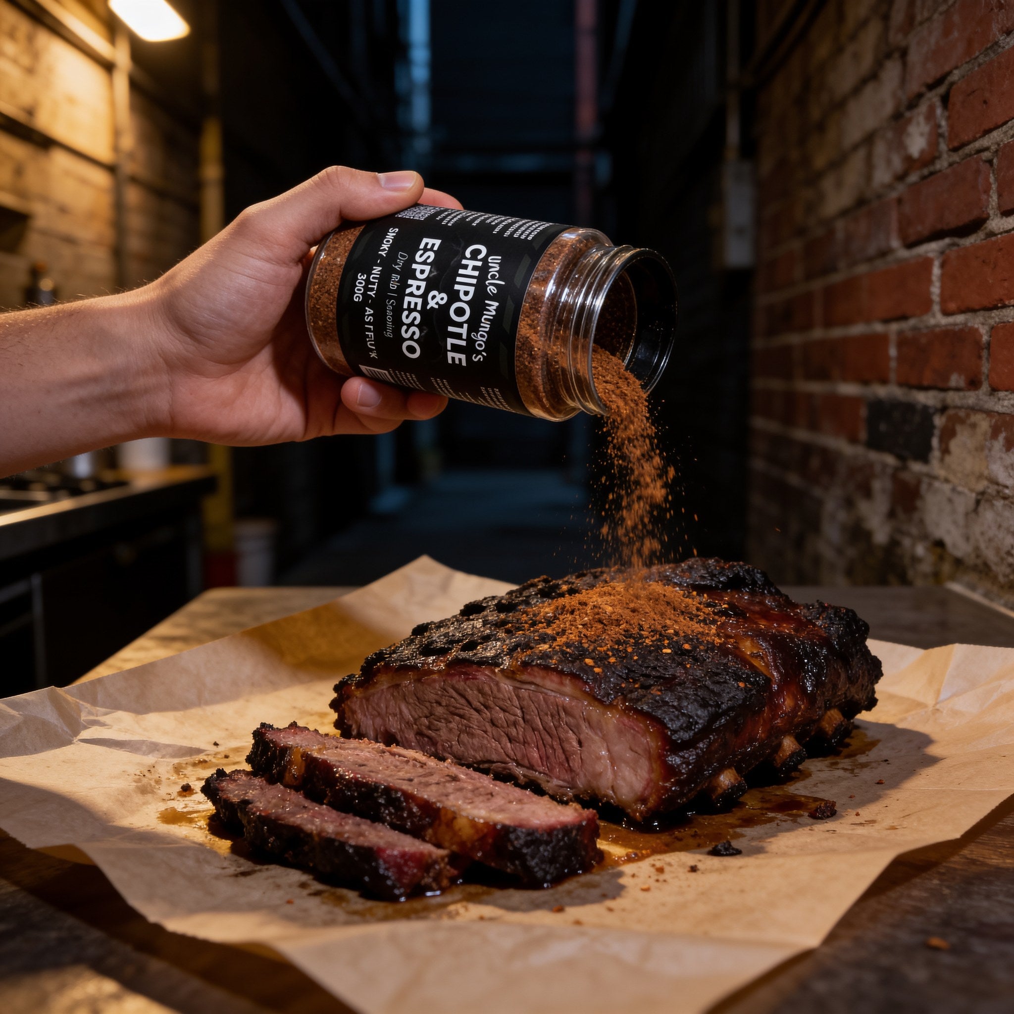 Uncle Mungo's Chipotle & Espresso 300g chipotle espresso dry rub — shaking chipotle and espresso rub over a smoked brisket