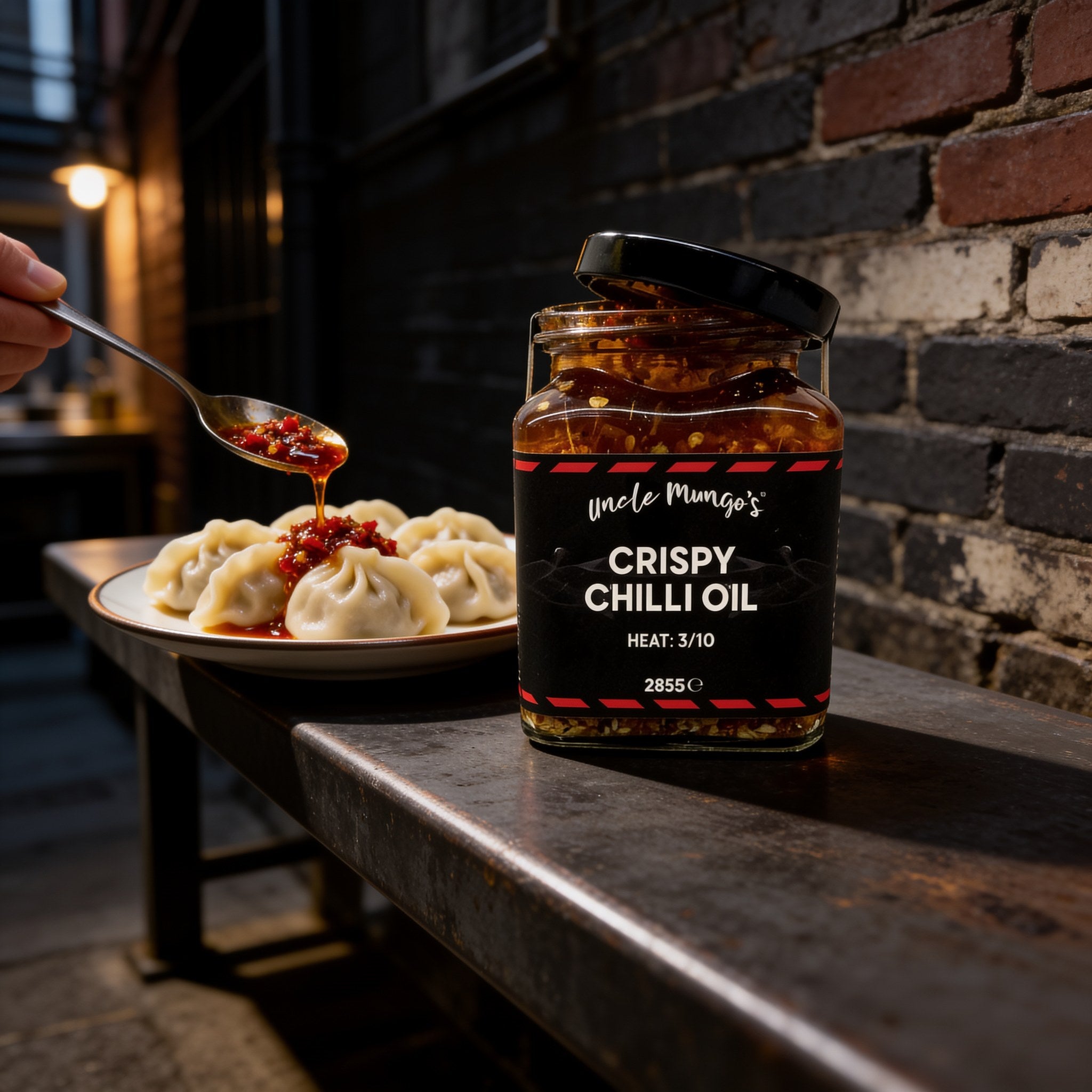 Uncle Mungo's Crispy Chilli Oil 285g crispy chilli oil — crispy chilli oil beside steamed dumplings