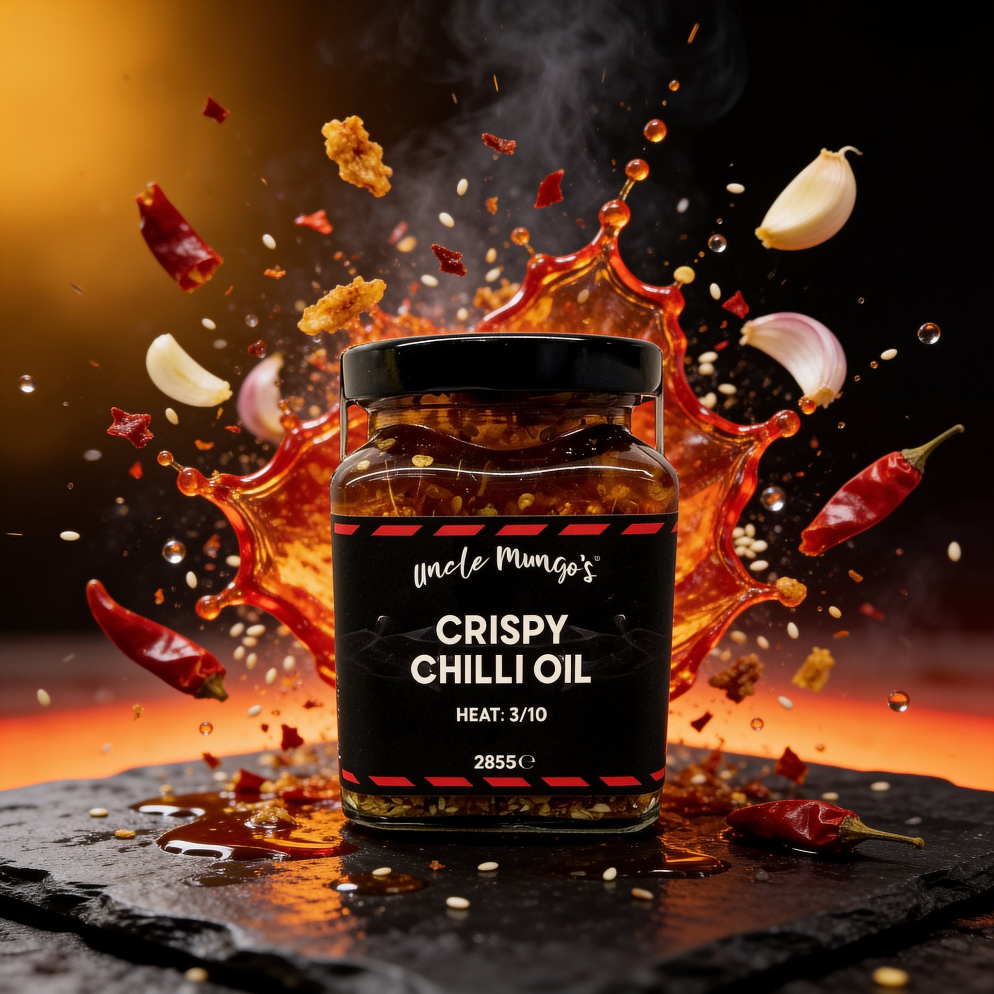 Uncle Mungo's Crispy Chilli Oil 285g crispy chilli oil — exploded high-speed shot with fried chilli, garlic and sesame