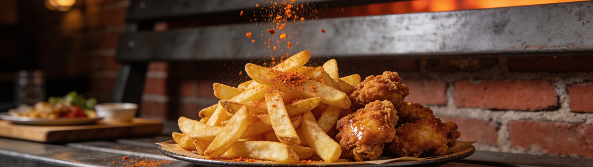 Hot chips and fried chicken seasoned with ghost pepper chicken salt - Uncle Mungo's Ghost Pepper Chicken Salt