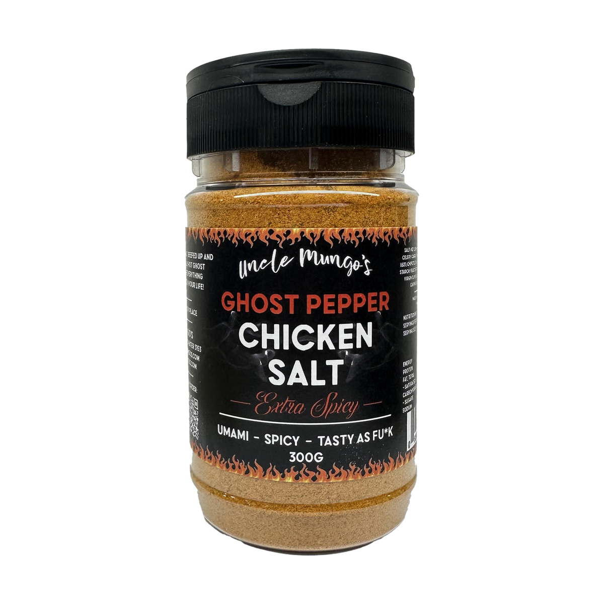 Uncle Mungo's Ghost Pepper Chicken Salt 300g ghost pepper chicken salt — front of shaker on transparent background