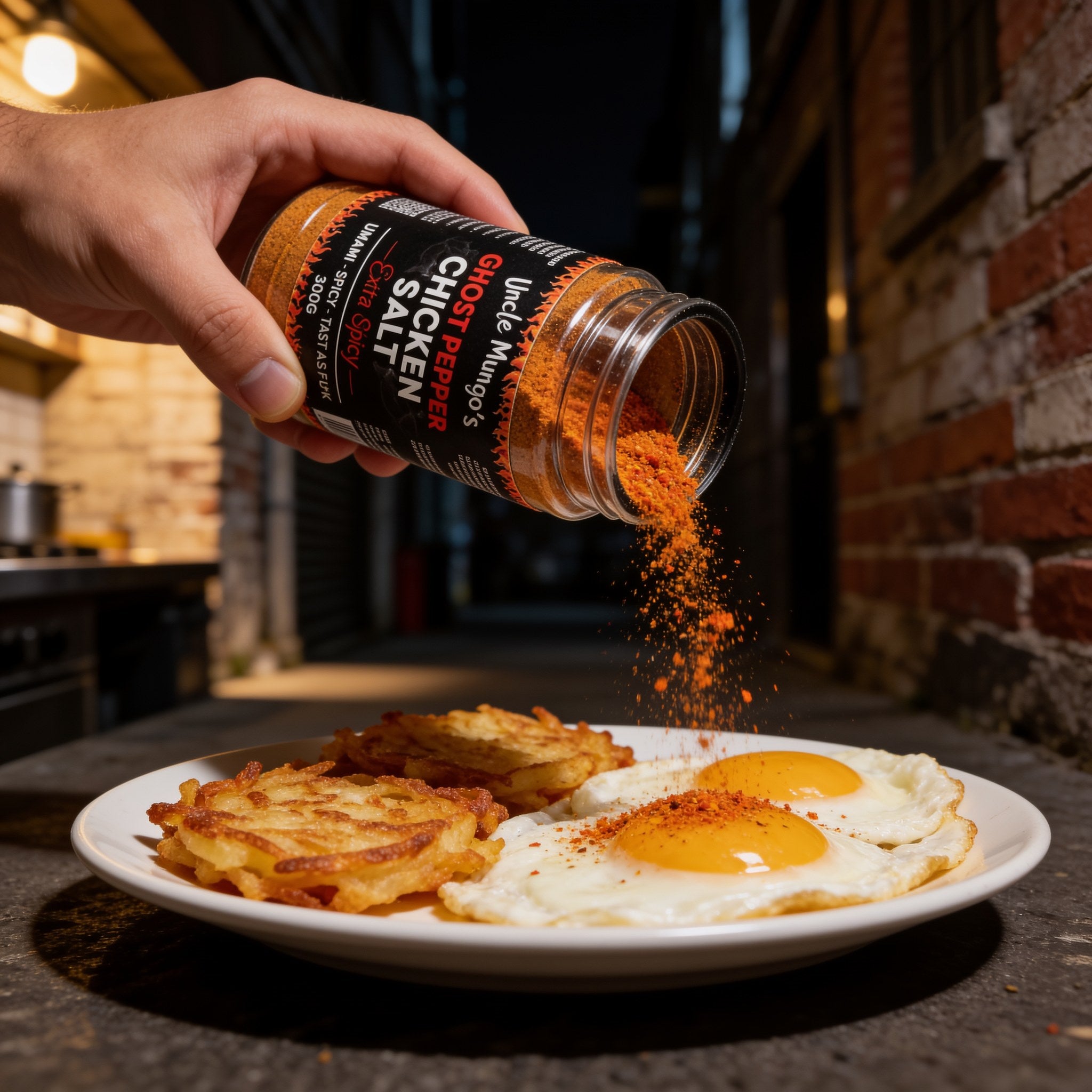 Uncle Mungo's Ghost Pepper Chicken Salt 300g ghost pepper chicken salt — shaking ghost pepper chicken salt over fried eggs and hash browns