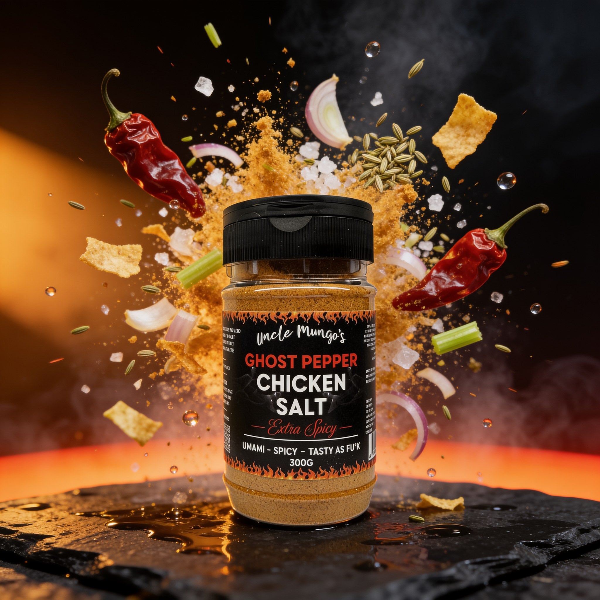 Uncle Mungo's Ghost Pepper Chicken Salt 300g ghost pepper chicken salt — exploded high-speed shot with ghost peppers, salt and onion