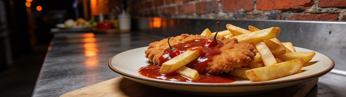 Chips and crumbed schnitzel with habanero ketchup - Uncle Mungo's Habanero Ketchup