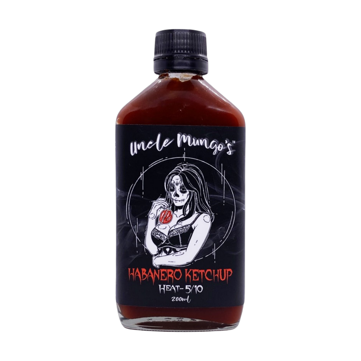 Uncle Mungo's Habanero Ketchup 200ml hot ketchup — front of bottle on transparent background
